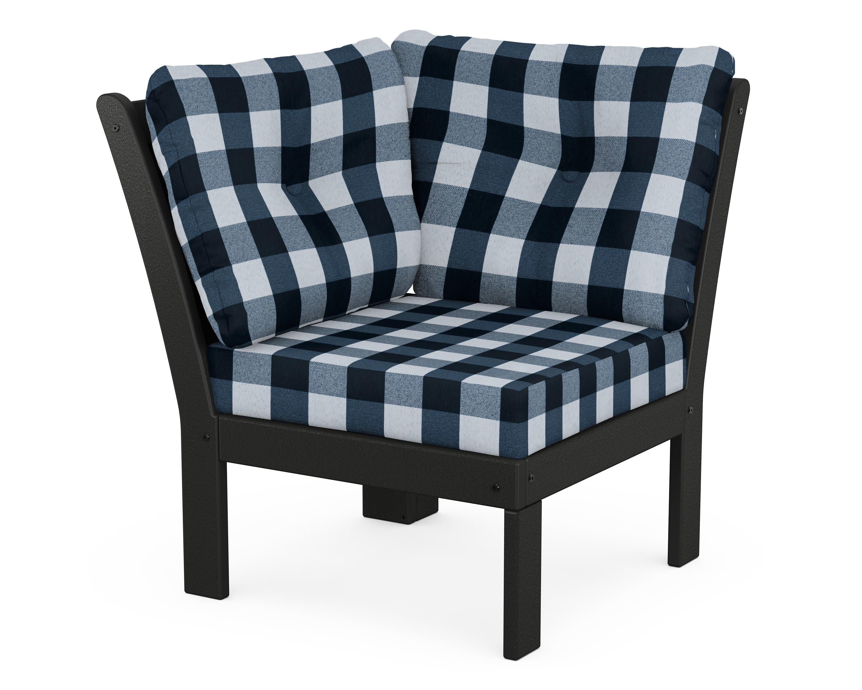 Vineyard Modular Corner Chair in Black / Buffalo Plaid Marine Indigo