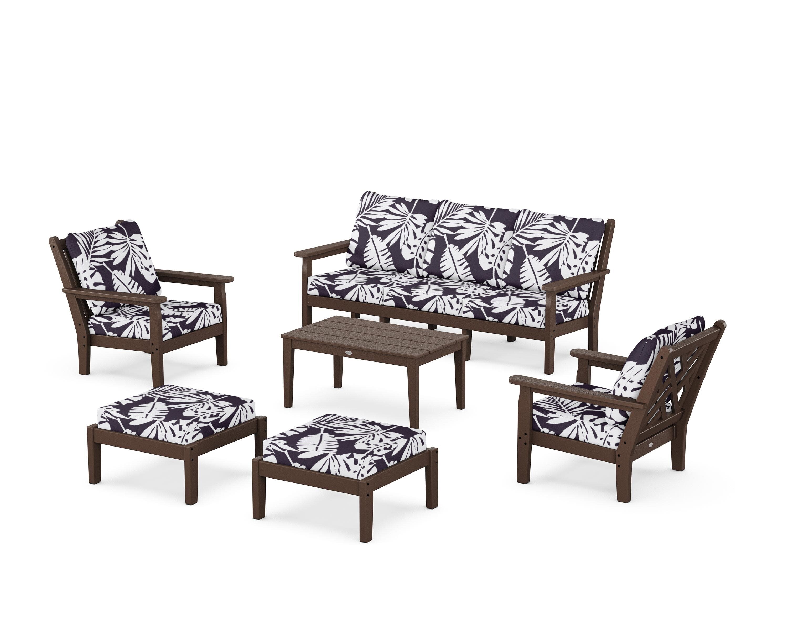 Chippendale 6-Piece Lounge Sofa Set in Mahogany / Leaf Navy