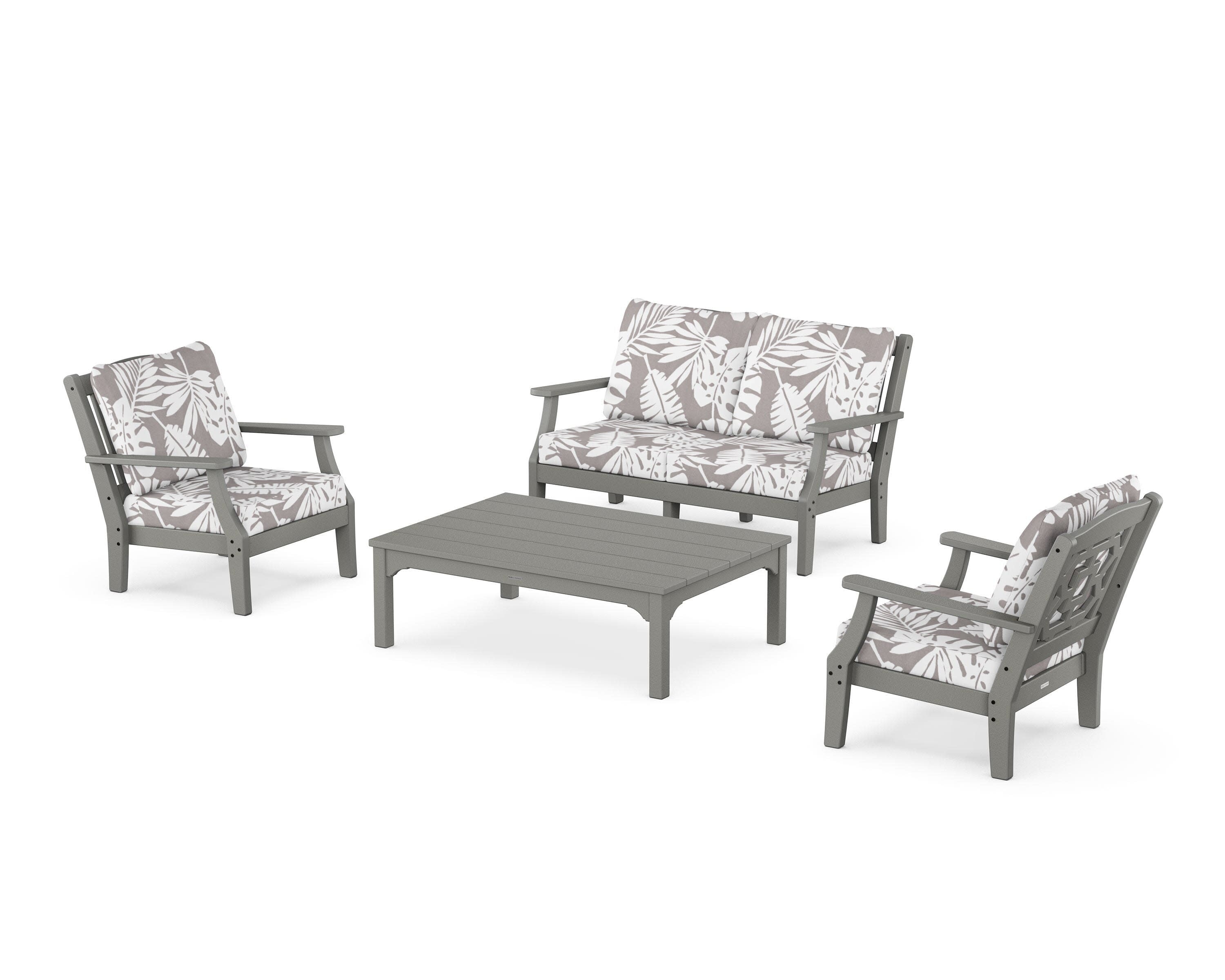 Chinoiserie 4-Piece Deep Seating Set with Loveseat in Slate Grey / Leaf Grey Mist