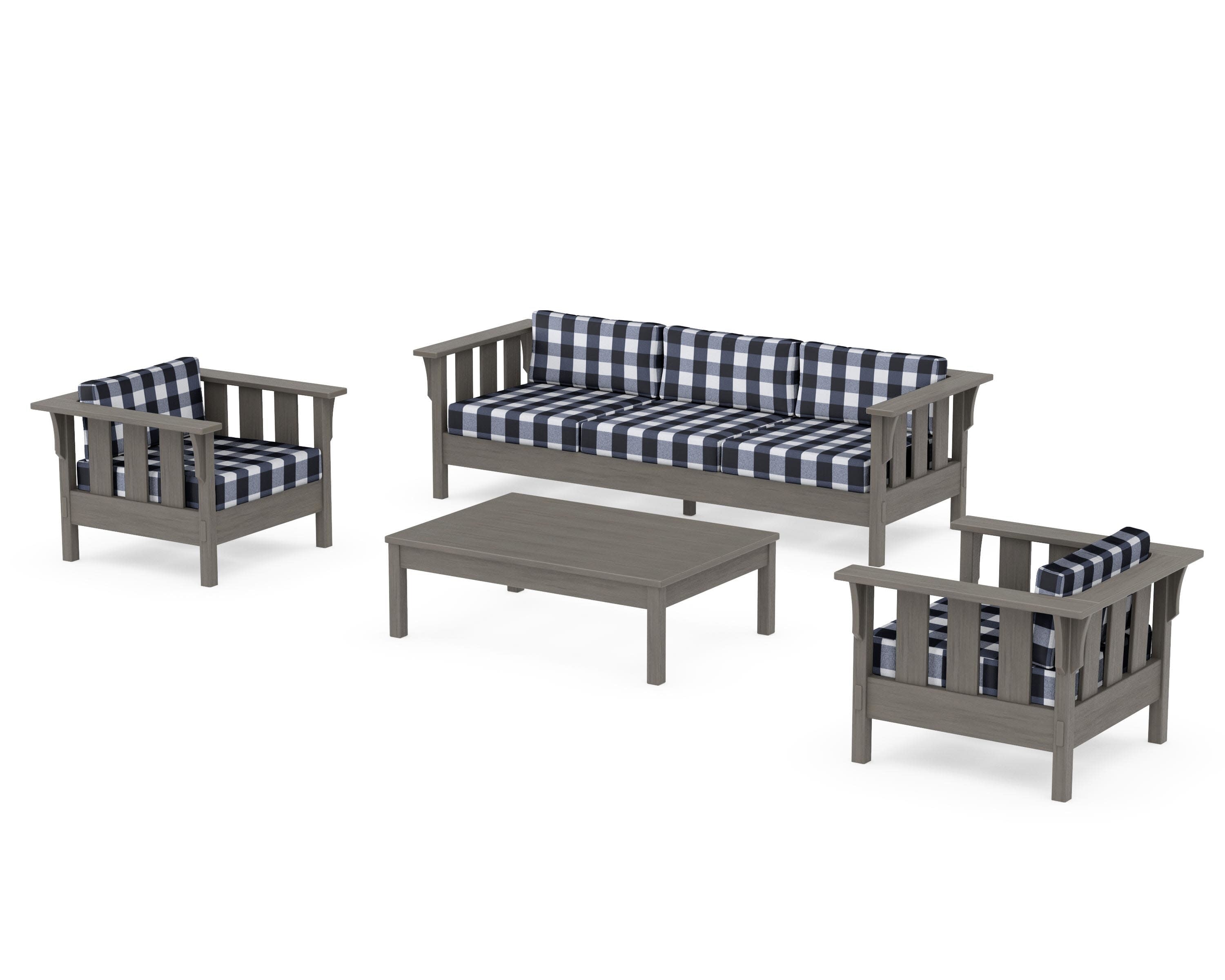 Acadia 4-Piece Deep Seating Set with Sofa in Driftwood / Buffalo Plaid Marine Indigo
