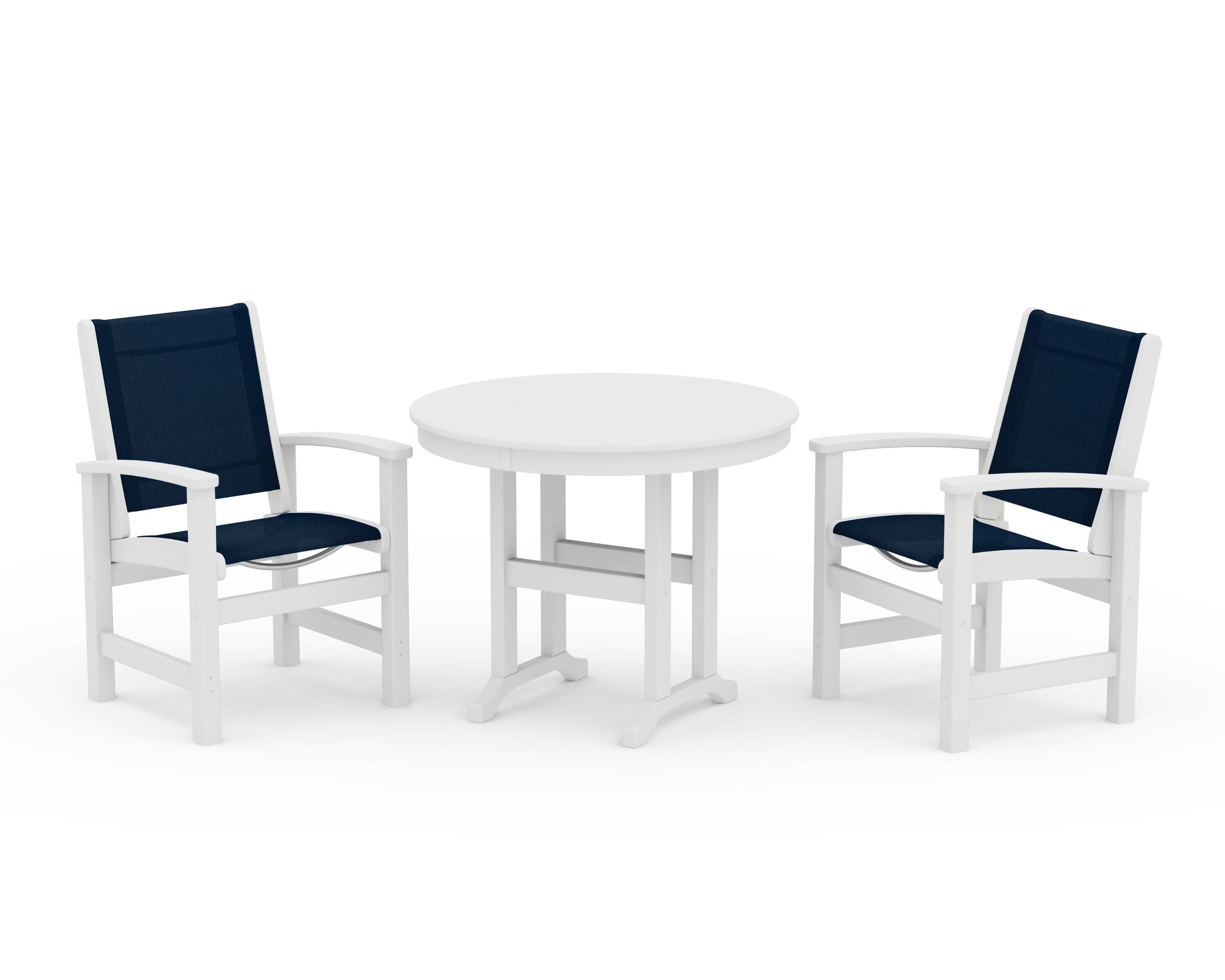 Coastal 3-Piece Round Dining Set in White / Navy Blue Sling