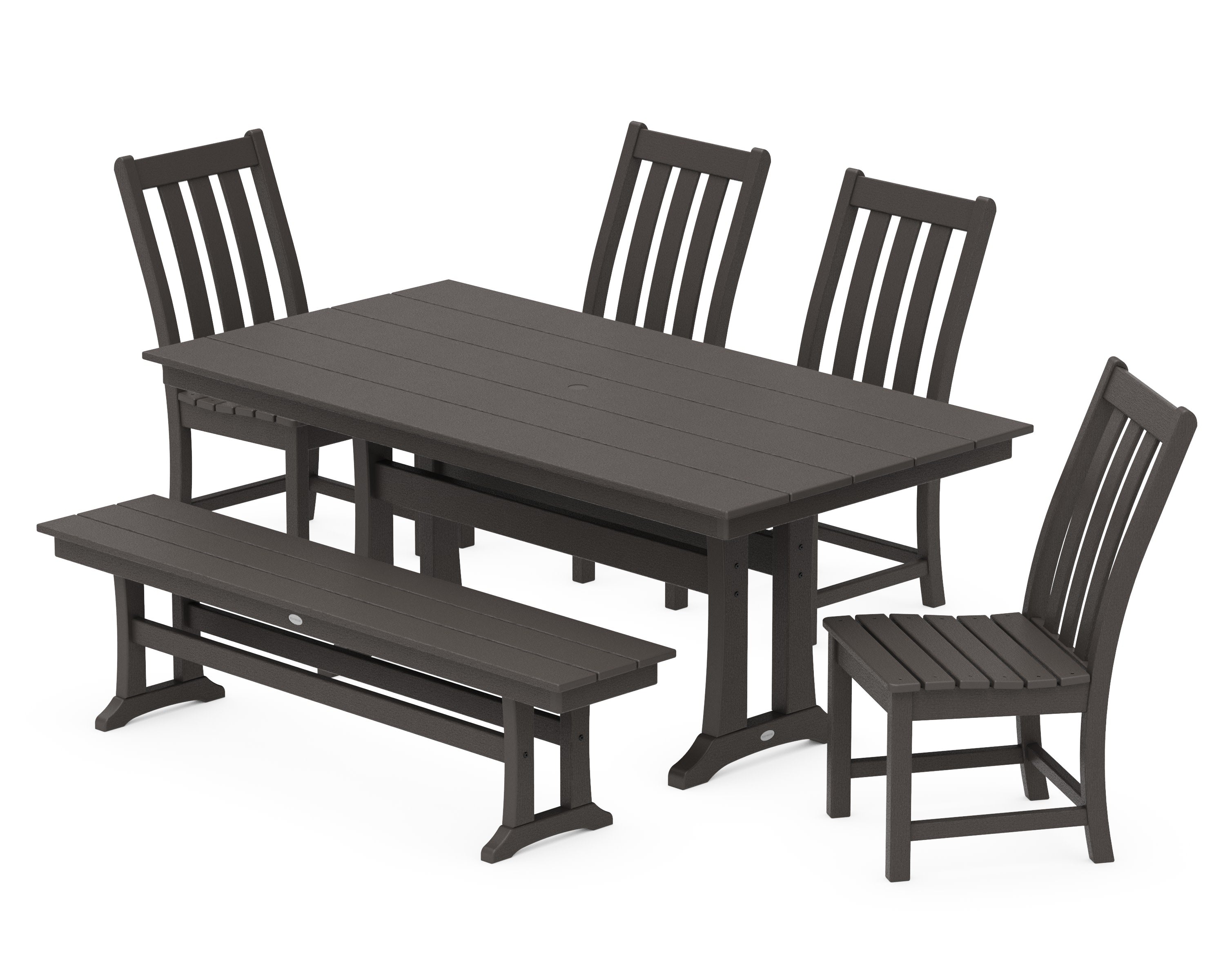 Vineyard Side Chair 6-Piece Farmhouse Dining Set with Trestle Legs and Bench in Vintage Coffee