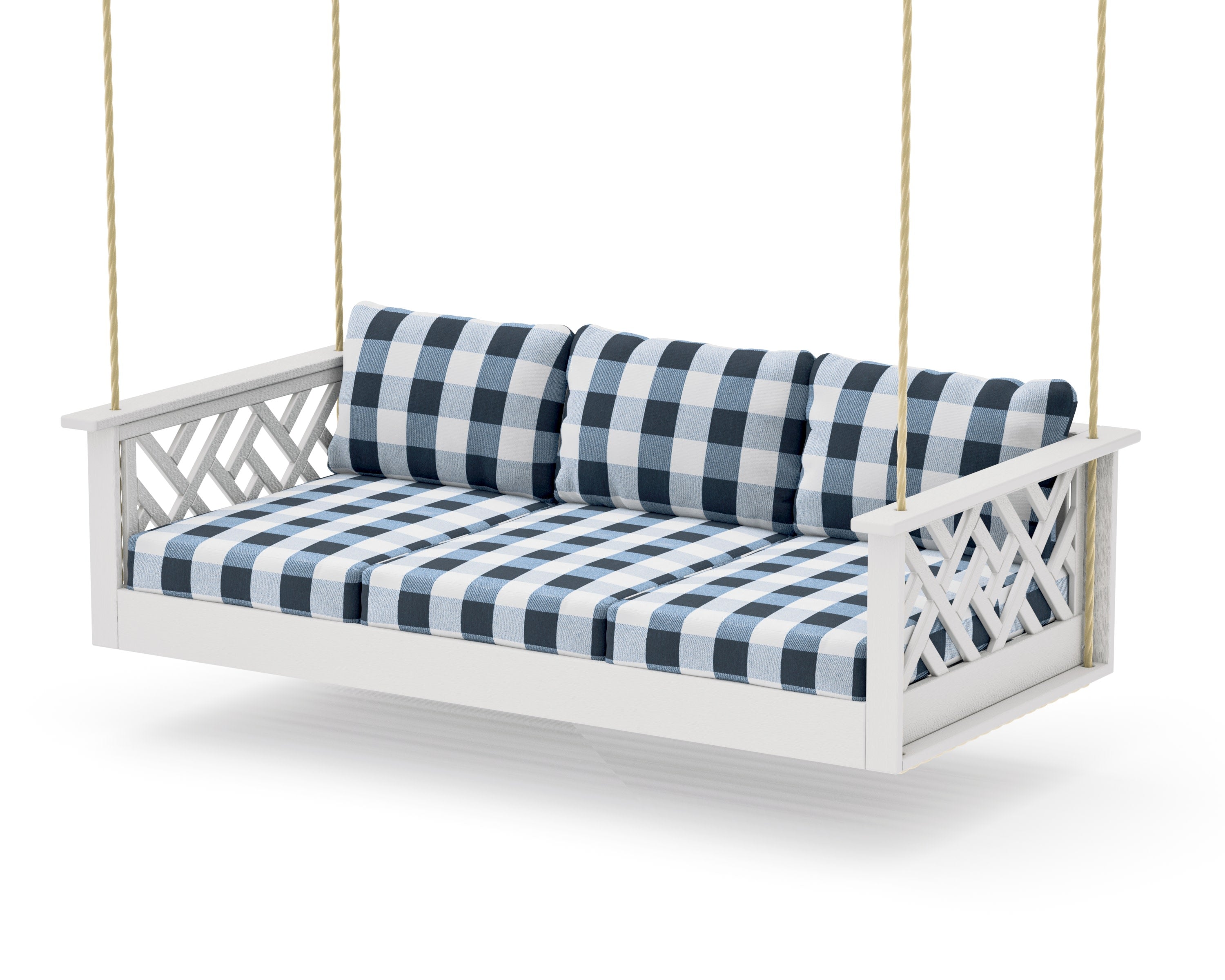 Chippendale Daybed Swing in Vintage White / Buffalo Plaid Marine Indigo