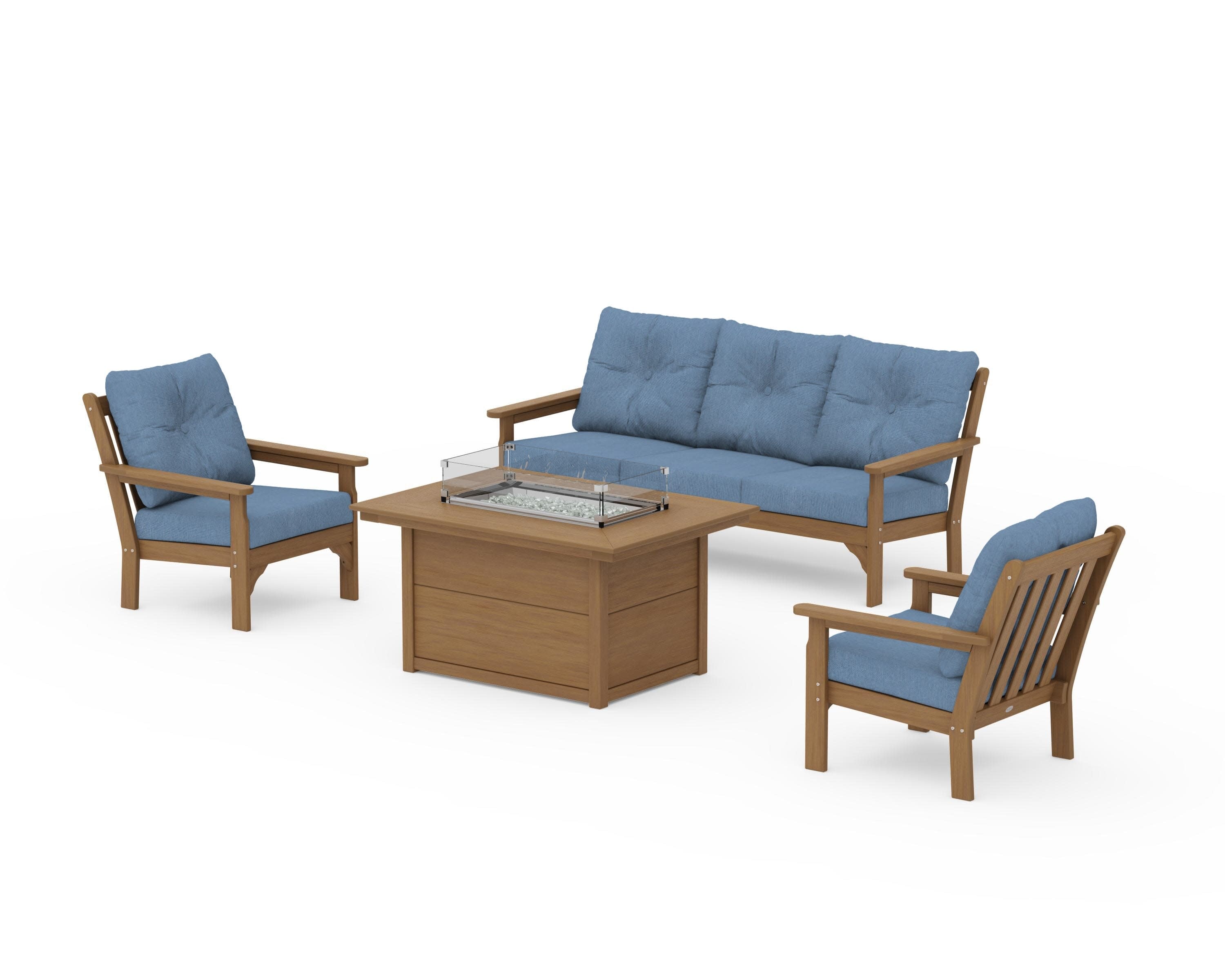 Vineyard Deep Seating Fire Pit Table Set in Natural / Sky Blue