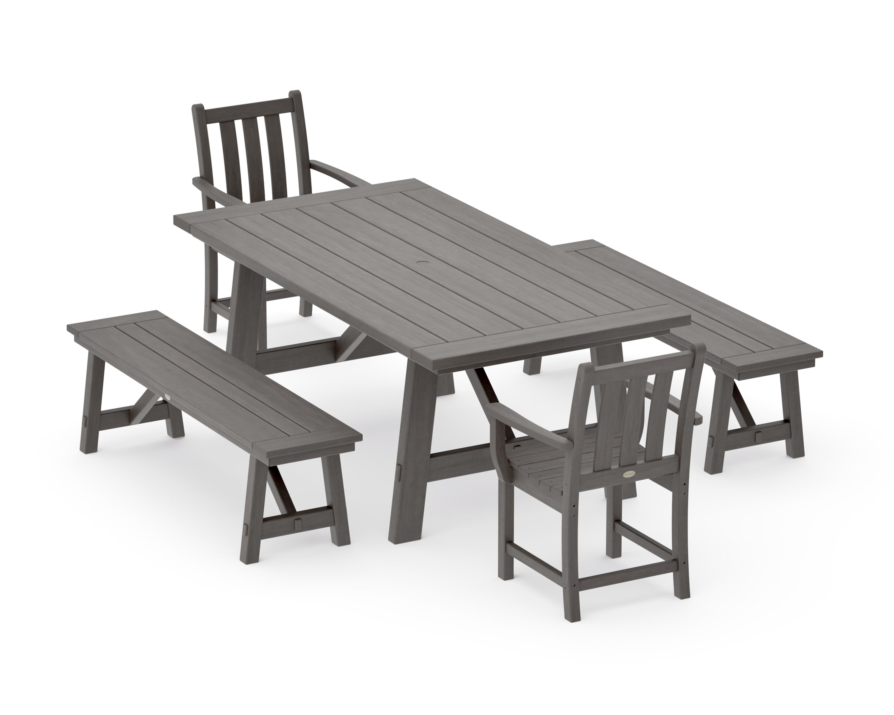 Traditional Garden 5-Piece Rustic Farmhouse Dining Set With Benches in Driftwood