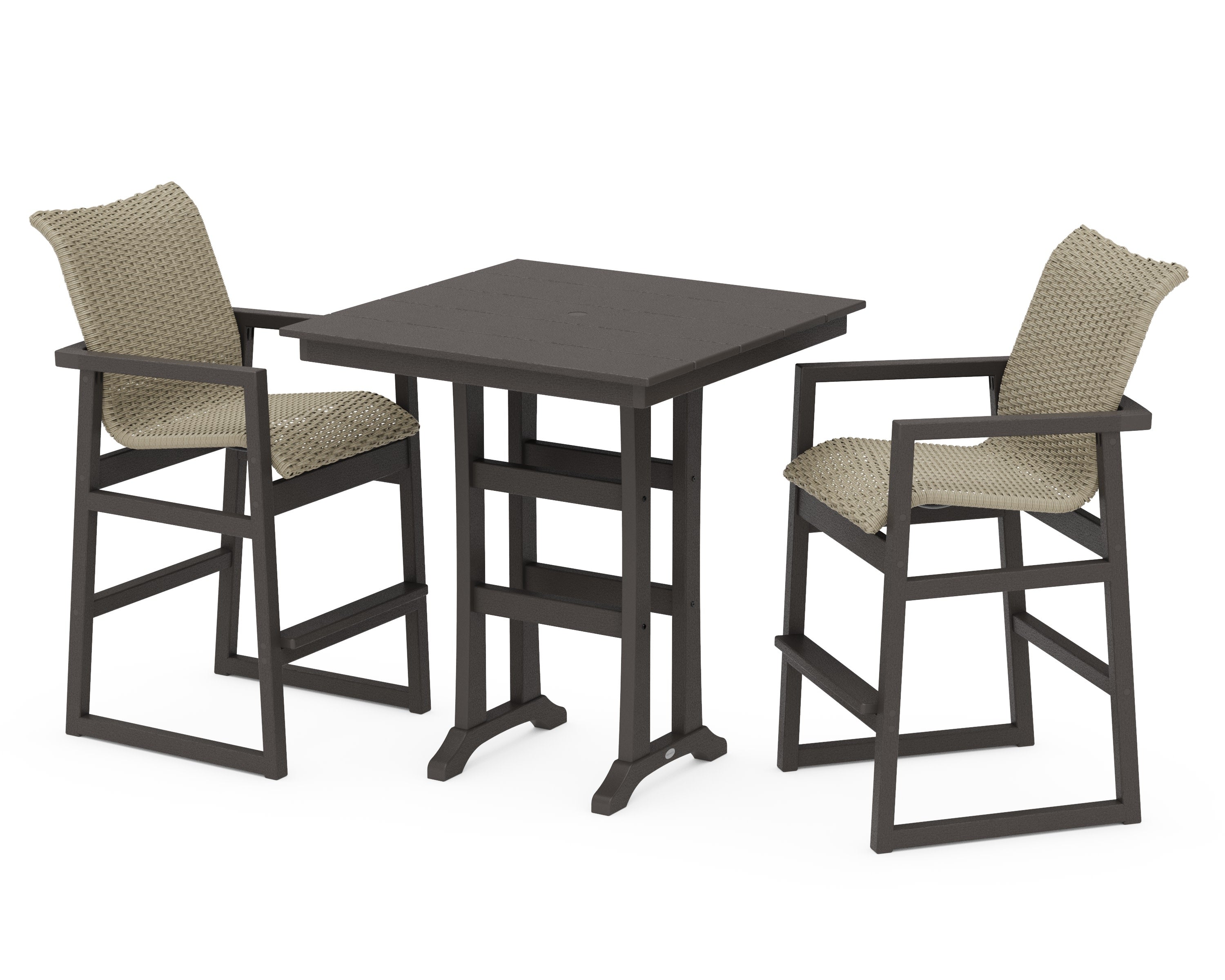 EDGE Woven 3-Piece Farmhouse Bar Set with Trestle Legs in Vintage Coffee / Dune Grass
