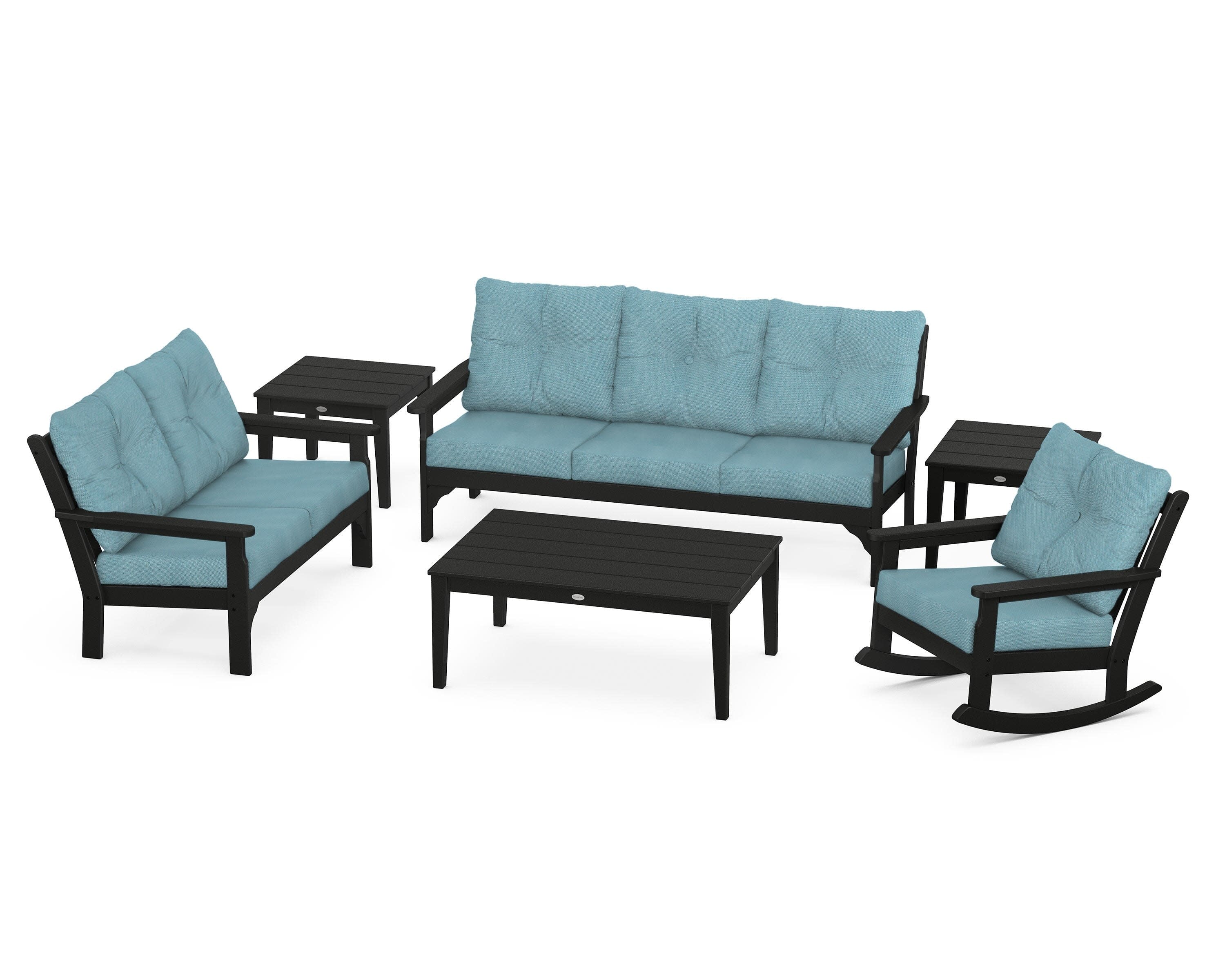 Vineyard 6-Piece Deep Seating Set in Black / Lattice Sky Blue