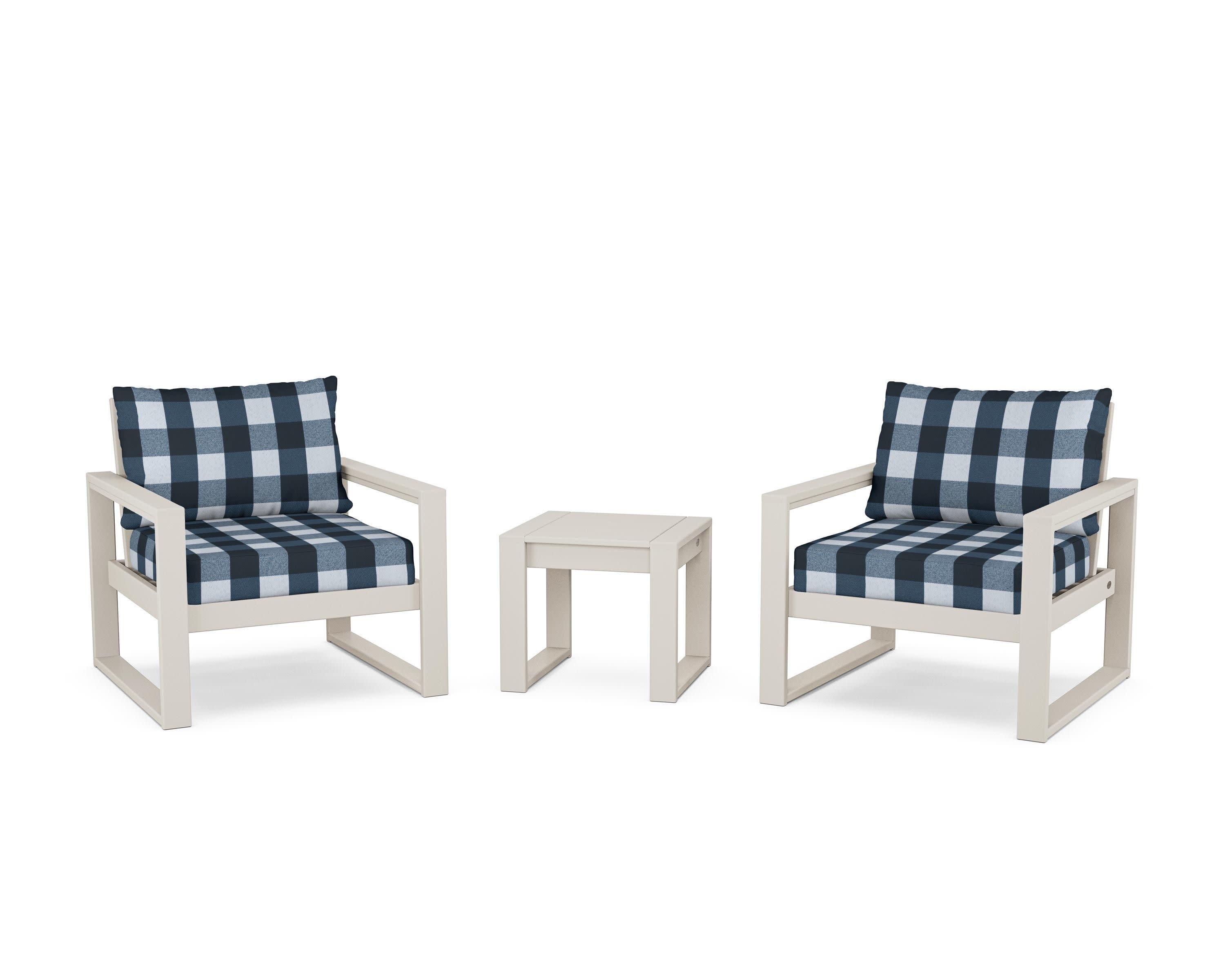 EDGE Sectional 3-Piece Deep Seating Set in Sand / Buffalo Plaid Marine Indigo