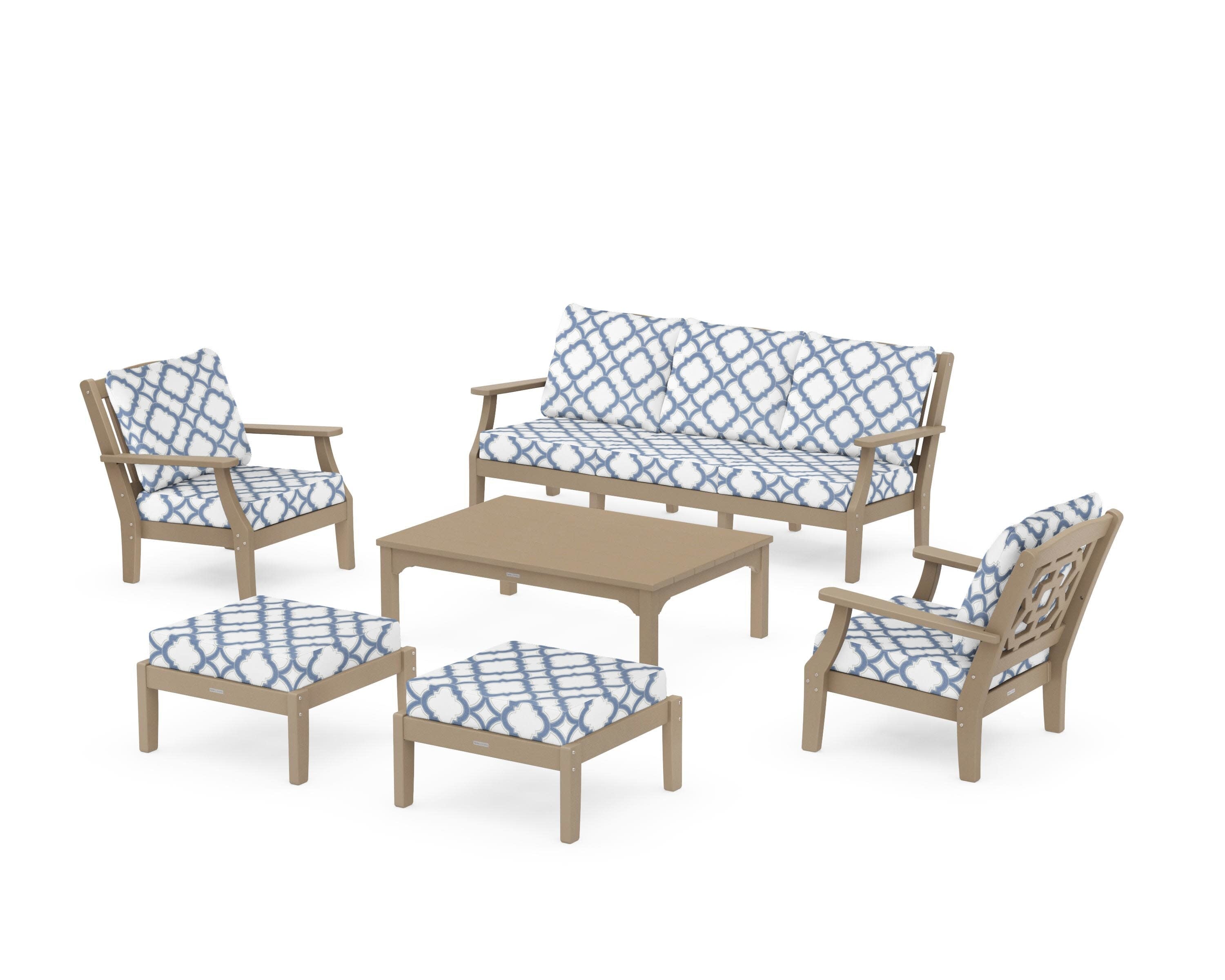 Chinoiserie 6-Piece Lounge Sofa Set in Vintage Sahara / Trellis Sky Blue