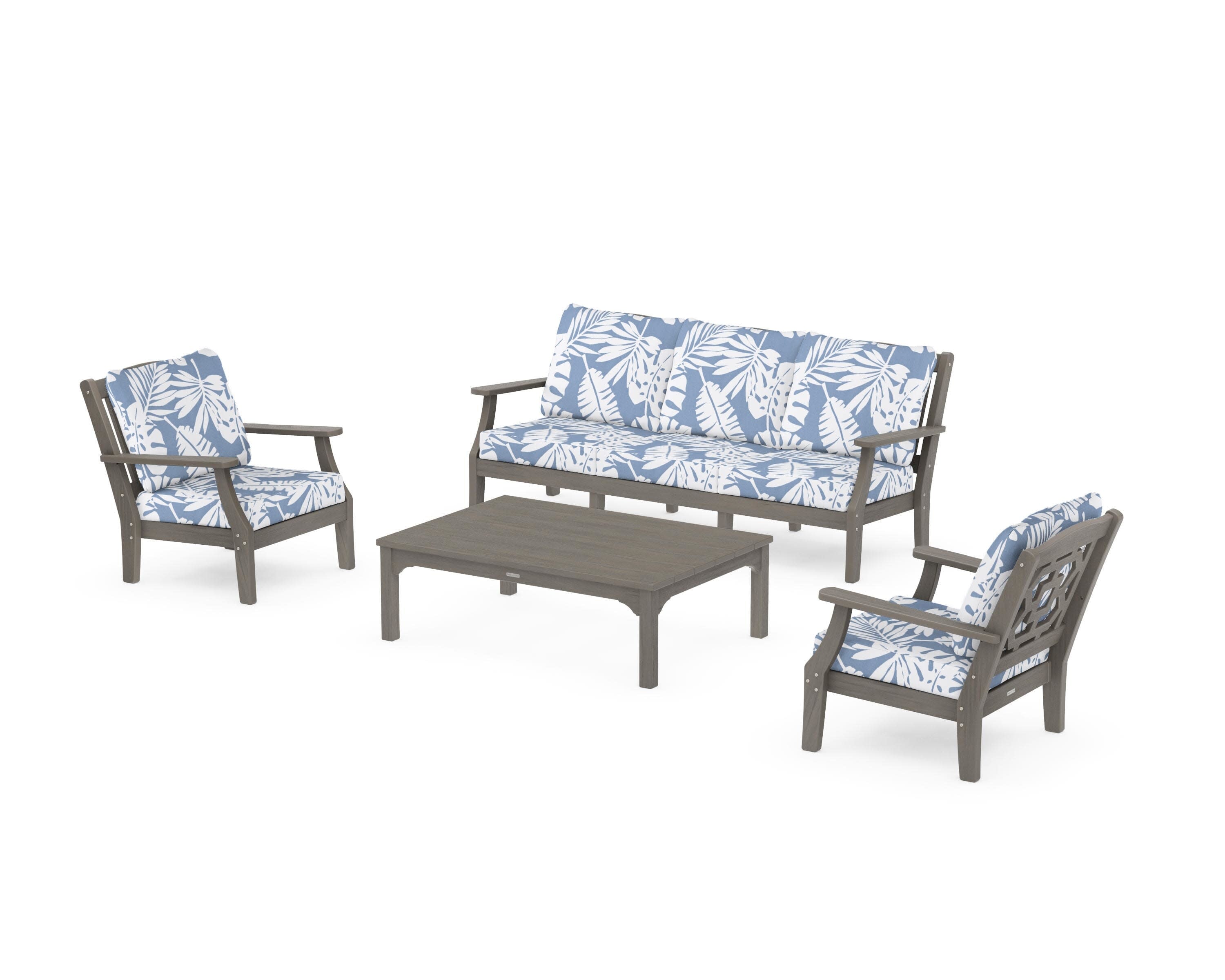 Chinoiserie 4-Piece Deep Seating Set with Sofa in Driftwood / Leaf Sky Blue