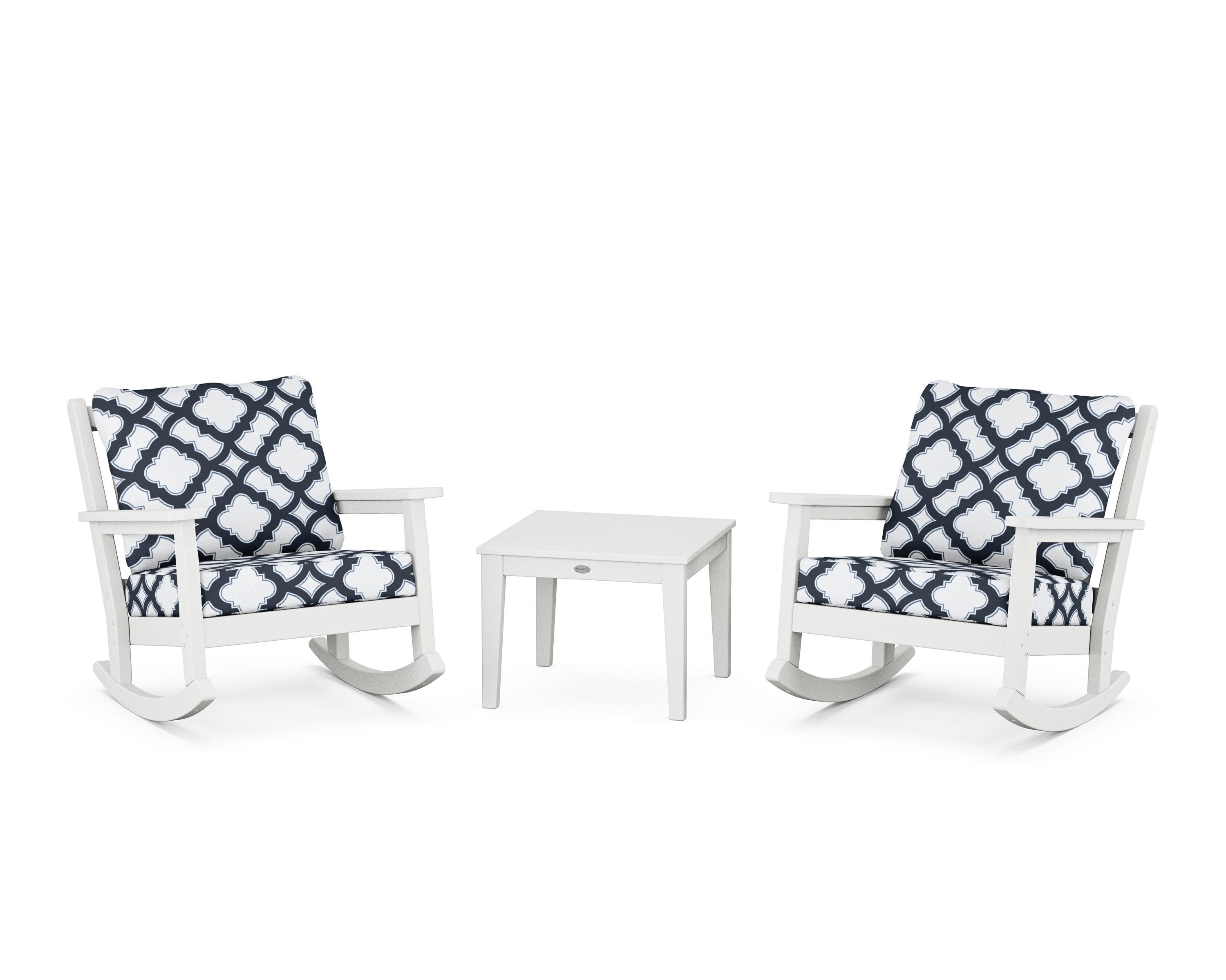 Chippendale 3-Piece Deep Seating Rocker Set in White / Trellis Marine Indigo