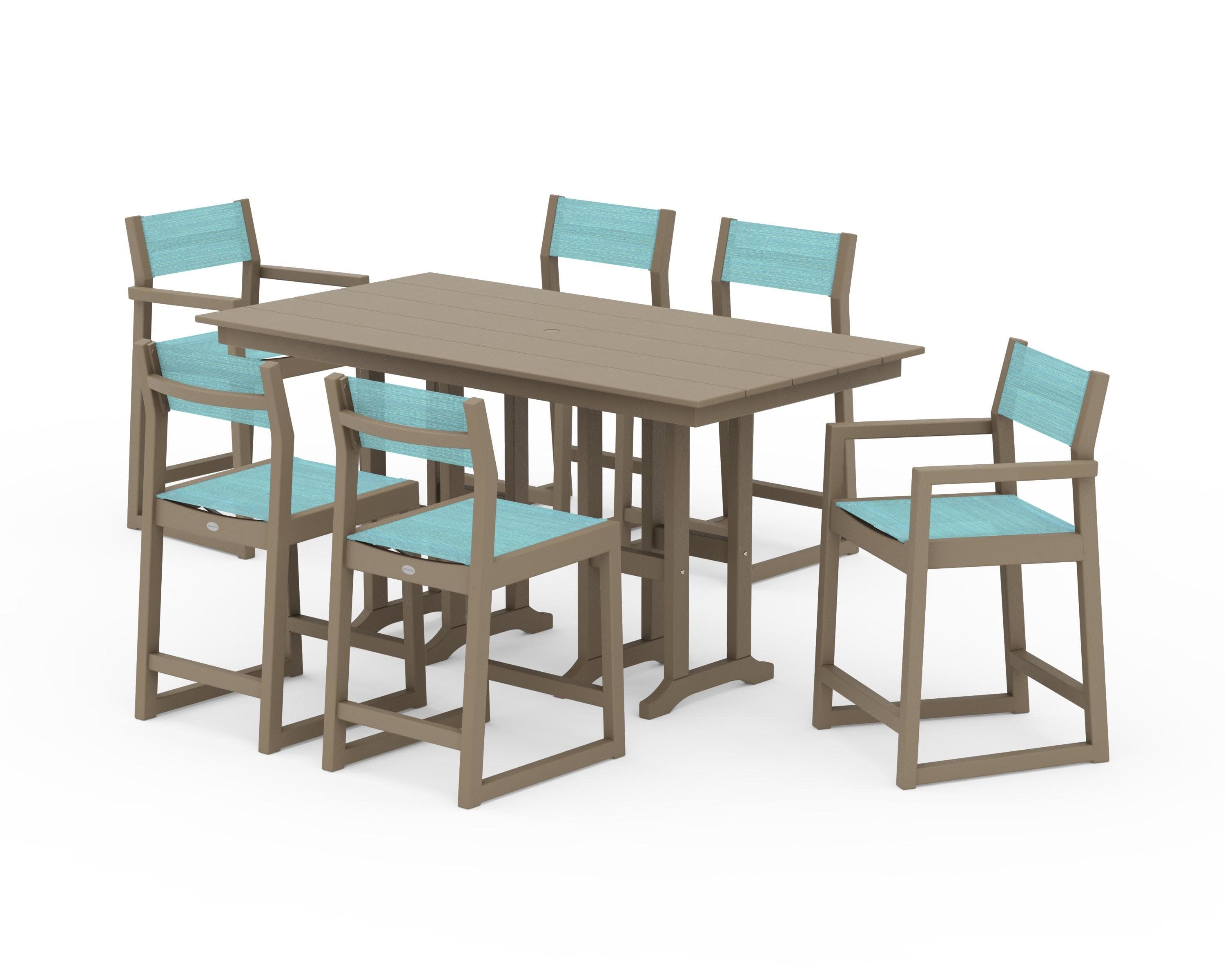 EDGE Sling 7-Piece Farmhouse Counter Set with Trestle Legs in Vintage Sahara / Dupioni Aquamarine Sling