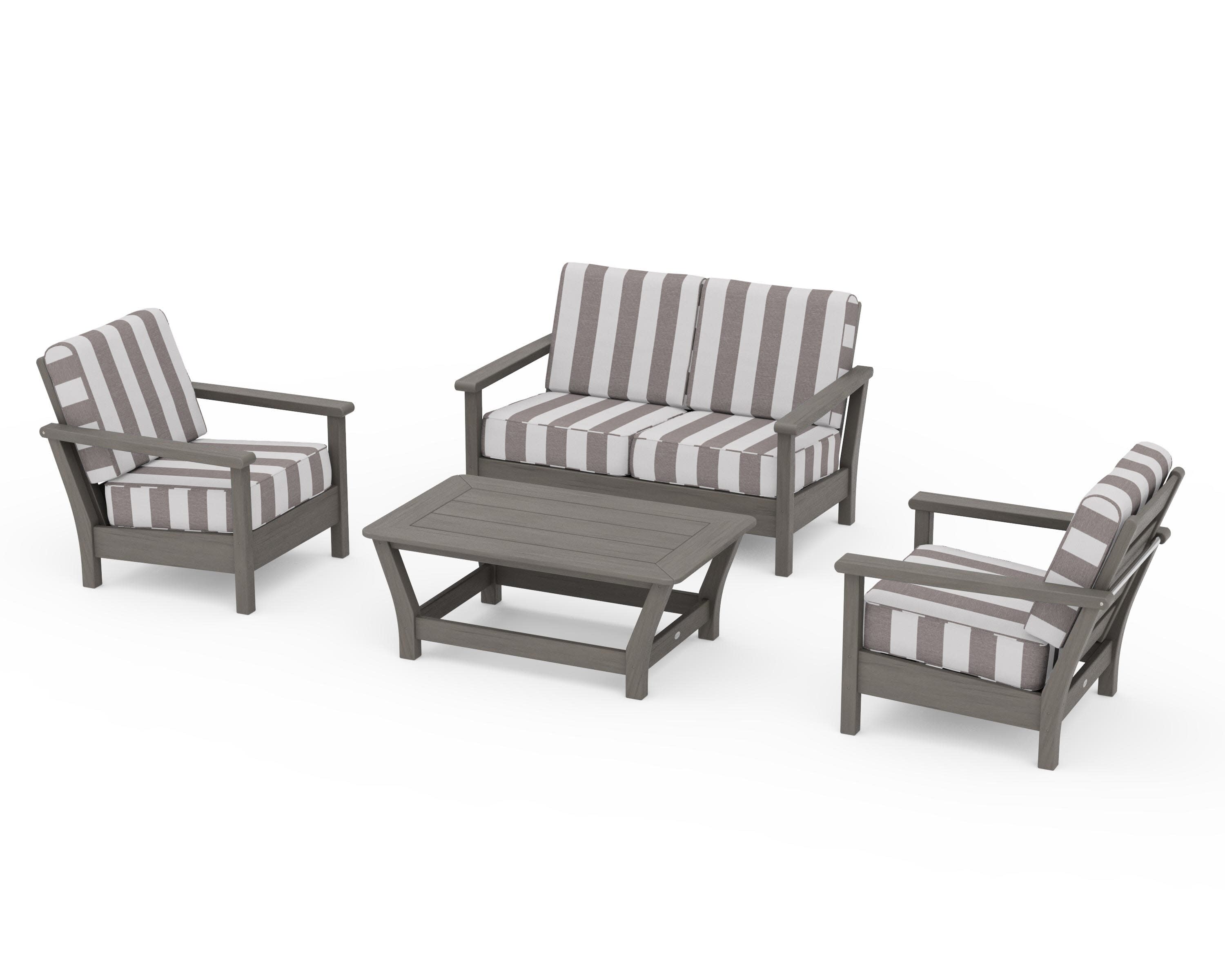 Harbour 4-Piece Deep Seating Set in Driftwood / Cabana Stripe Grey Mist