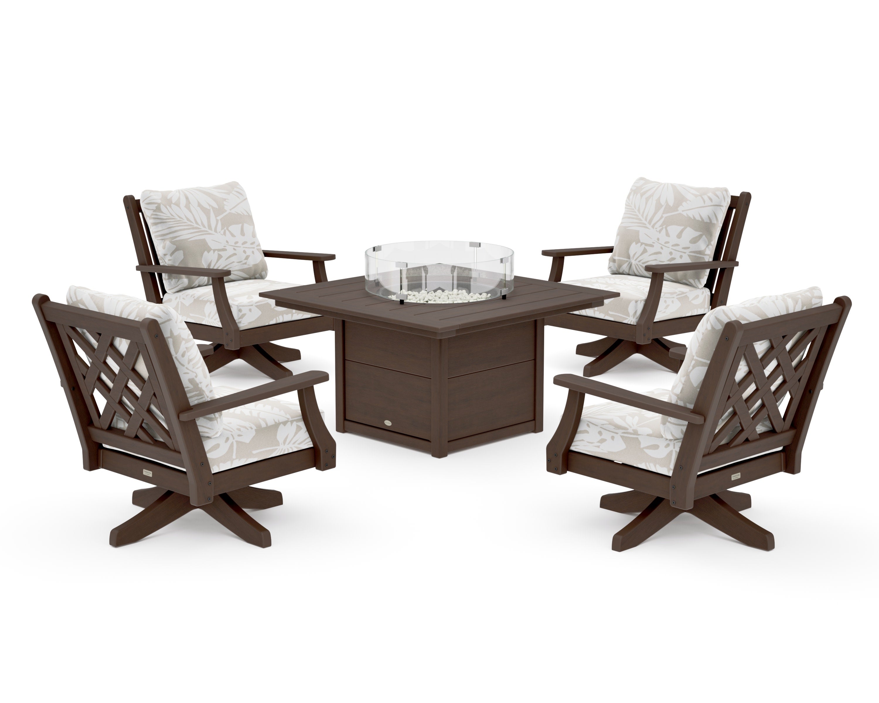 Wovendale 5-Piece Deep Seating Swivel Conversation Set with Fire Pit Table in Kona / Leaf Dune Burlap