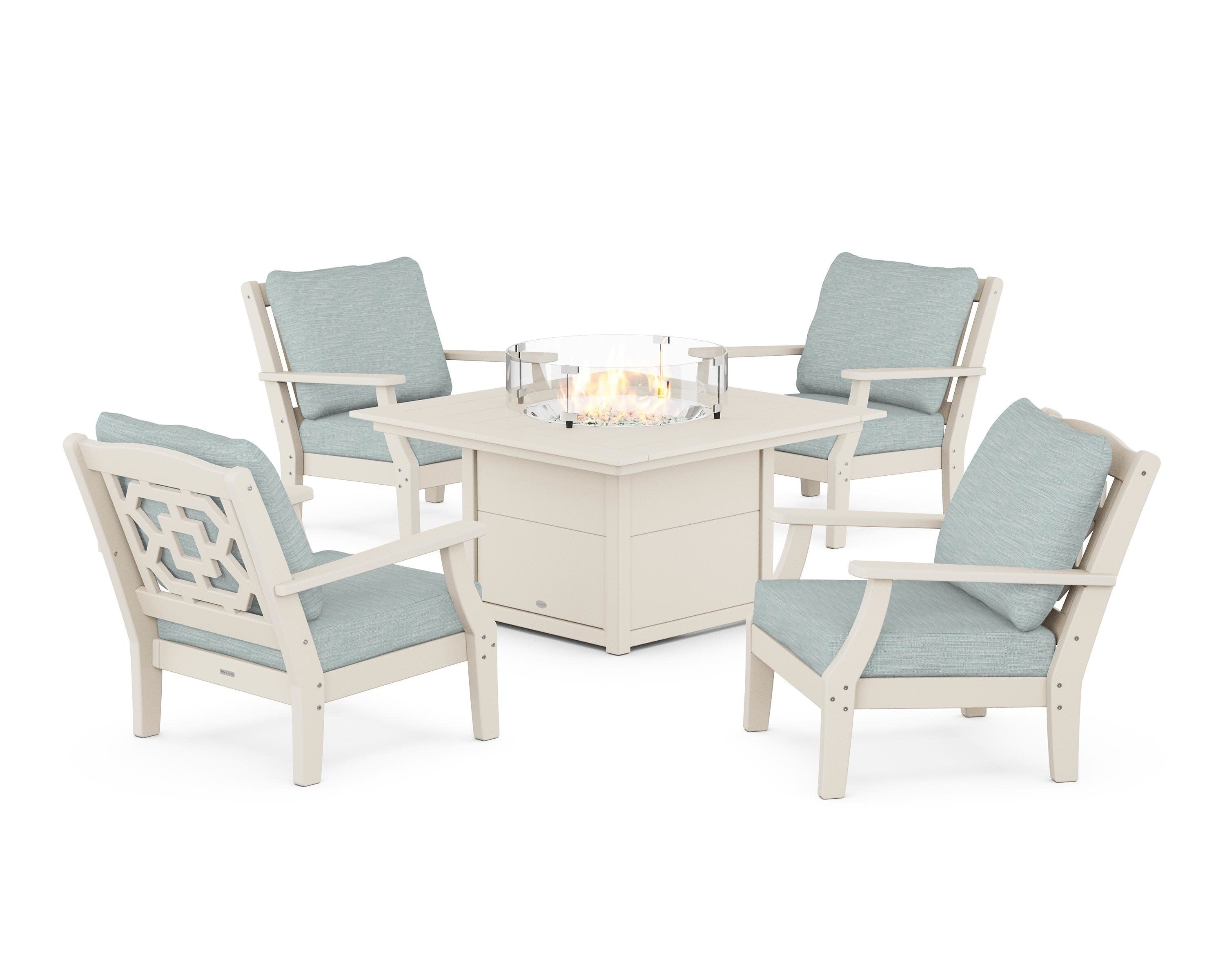 Chinoiserie 5-Piece Deep Seating Set with Fire Pit Table in Sand / Soothe Mist