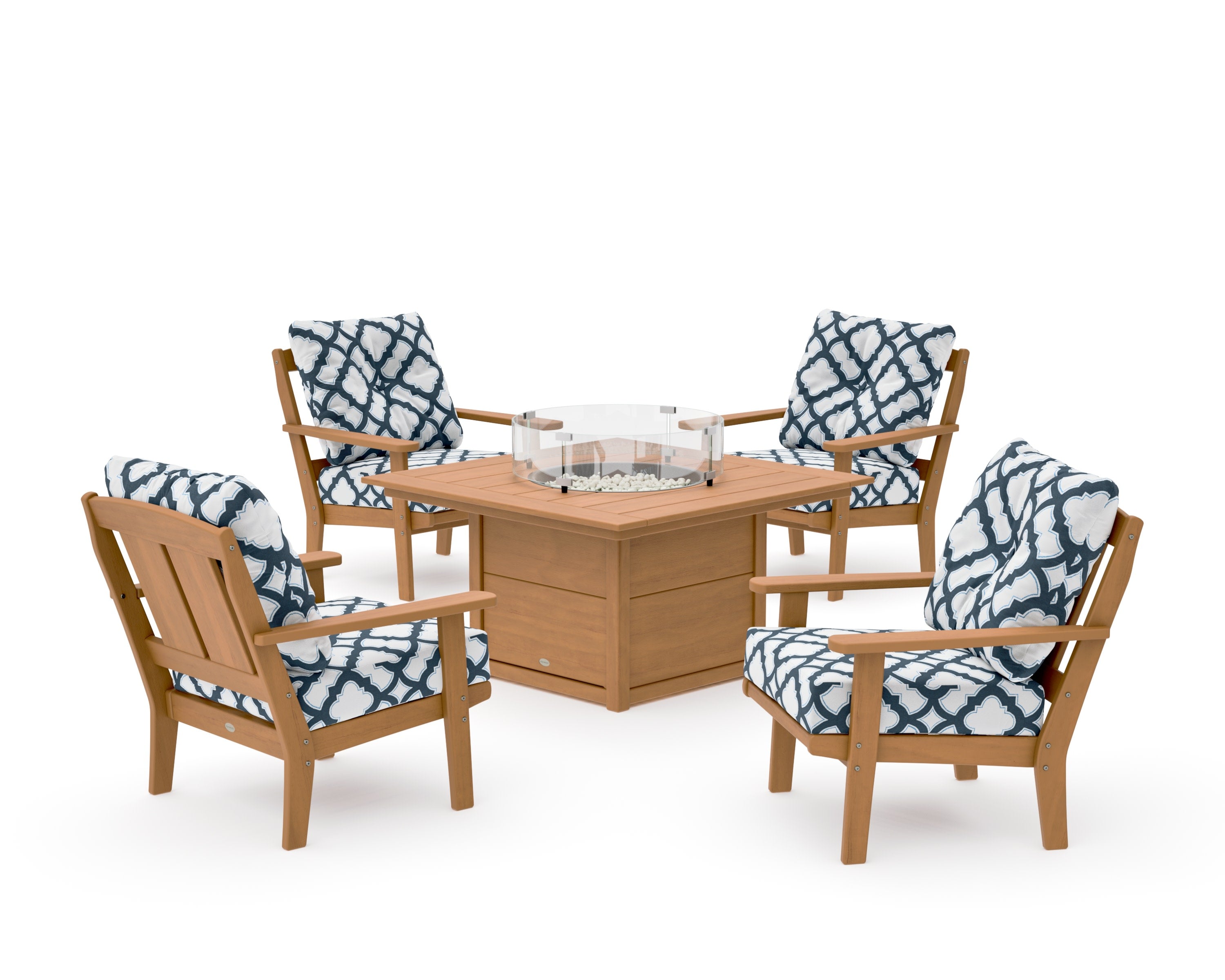 Mission 5-Piece Deep Seating Set with Fire Pit Table in Natural / Trellis Marine Indigo