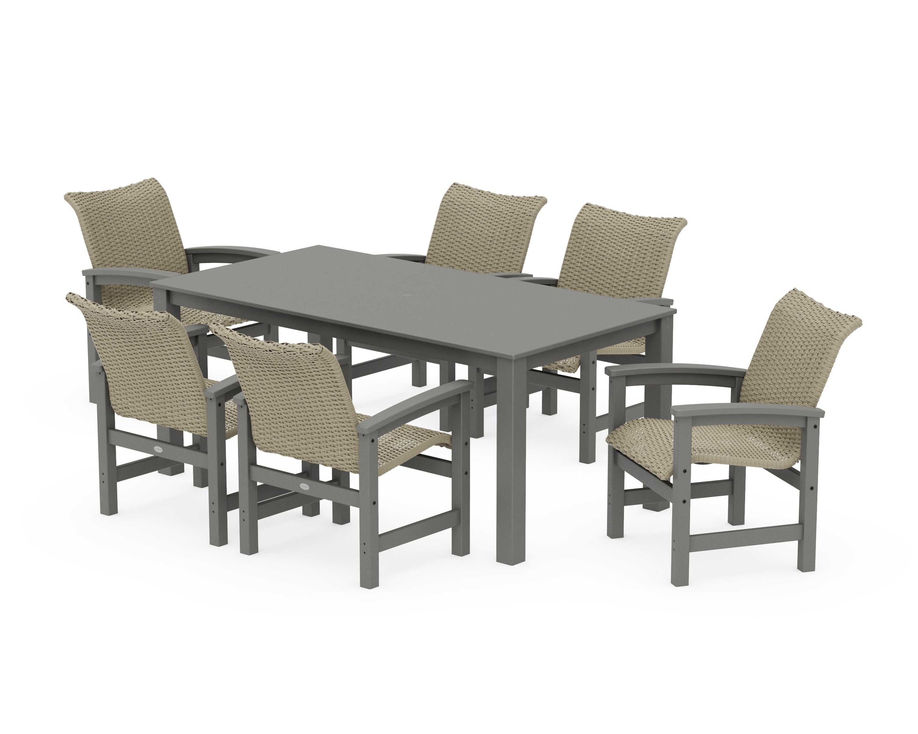 Coastal Woven Arm Chair 7-Piece Parsons Dining Set in Slate Grey / Dune Grass