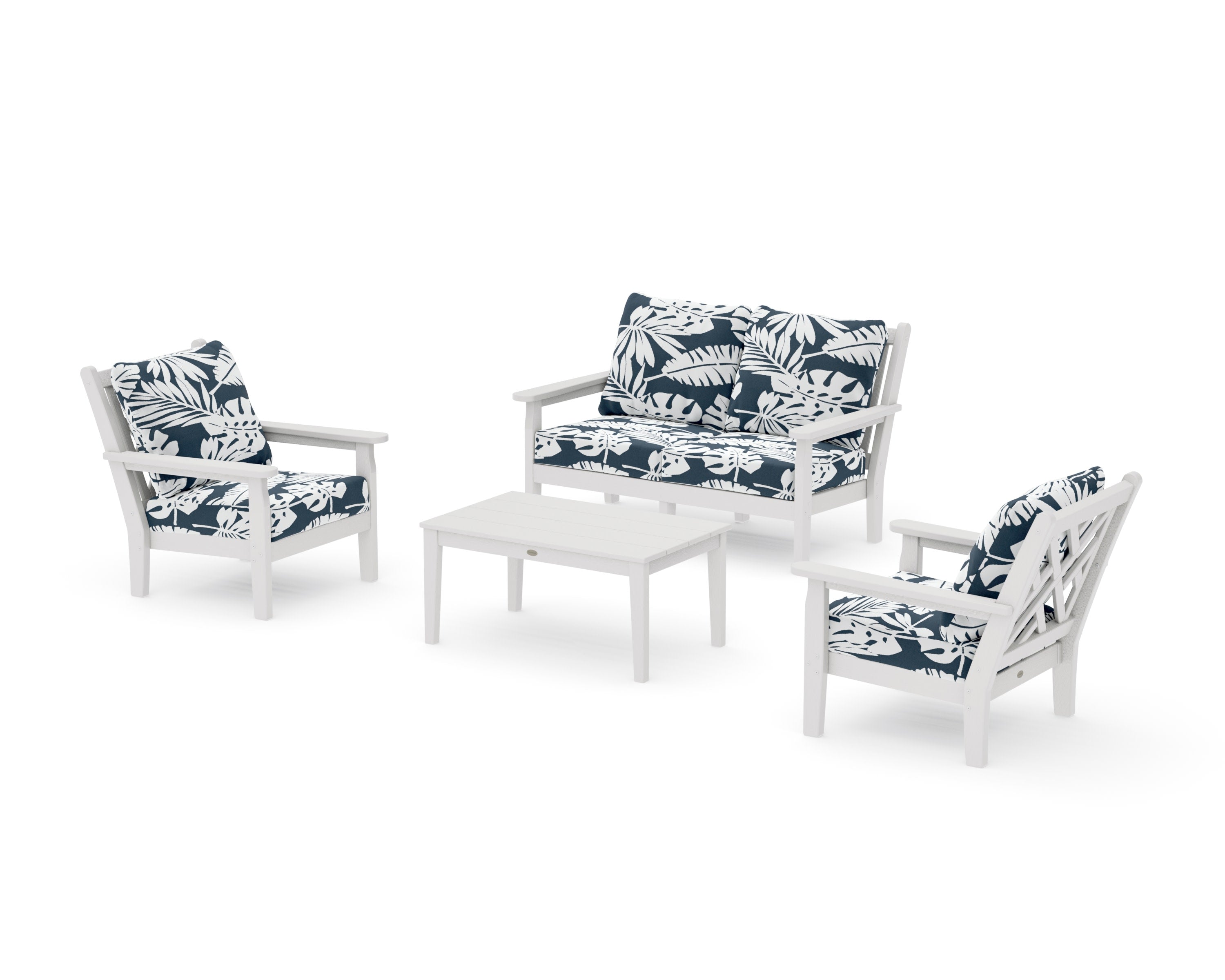 Chippendale 4-Piece Deep Seating Set with Loveseat in Vintage White / Leaf Marine Indigo