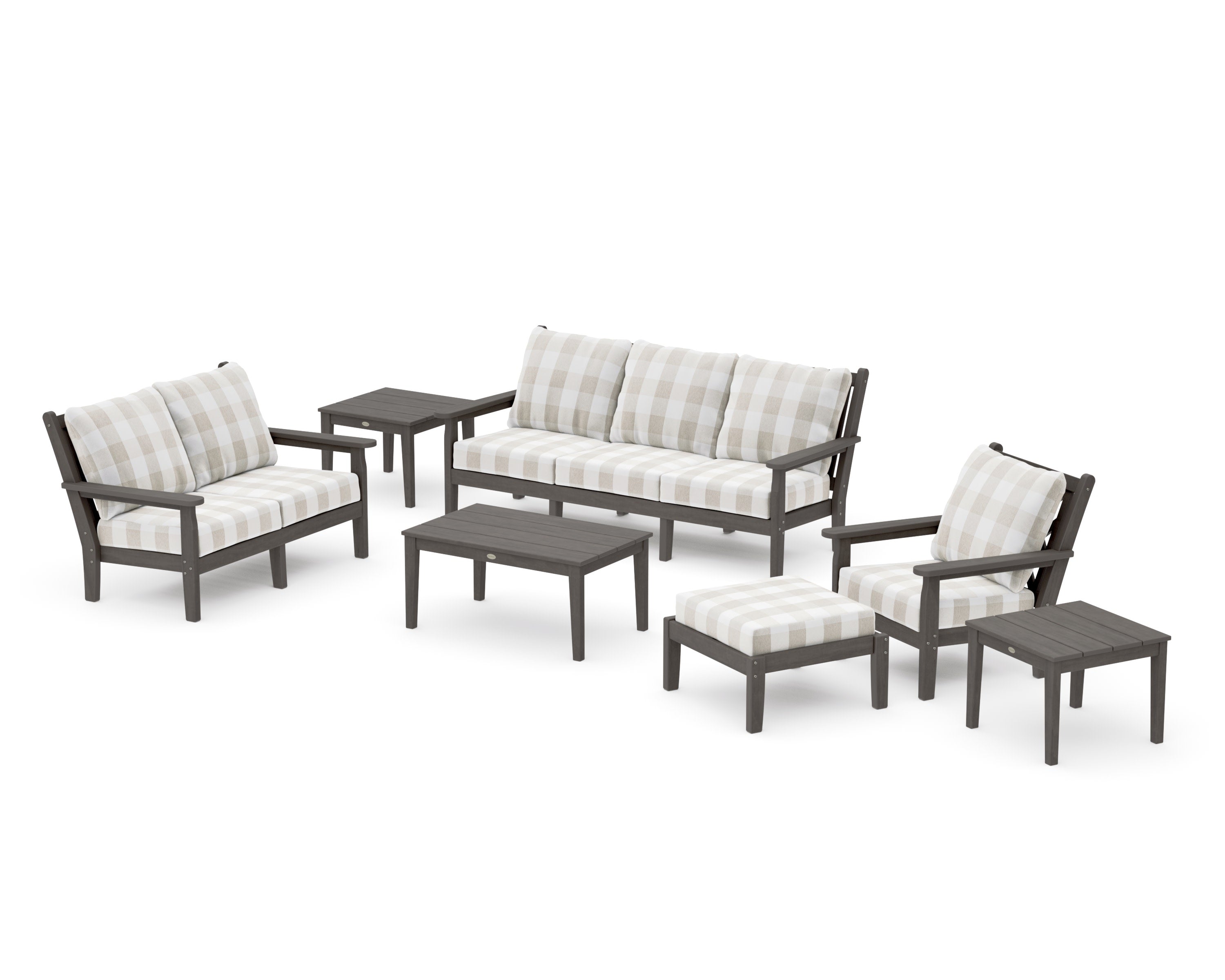 Chippendale 7-Piece Deep Seating Set in Driftwood / Buffalo Plaid Dune Burlap