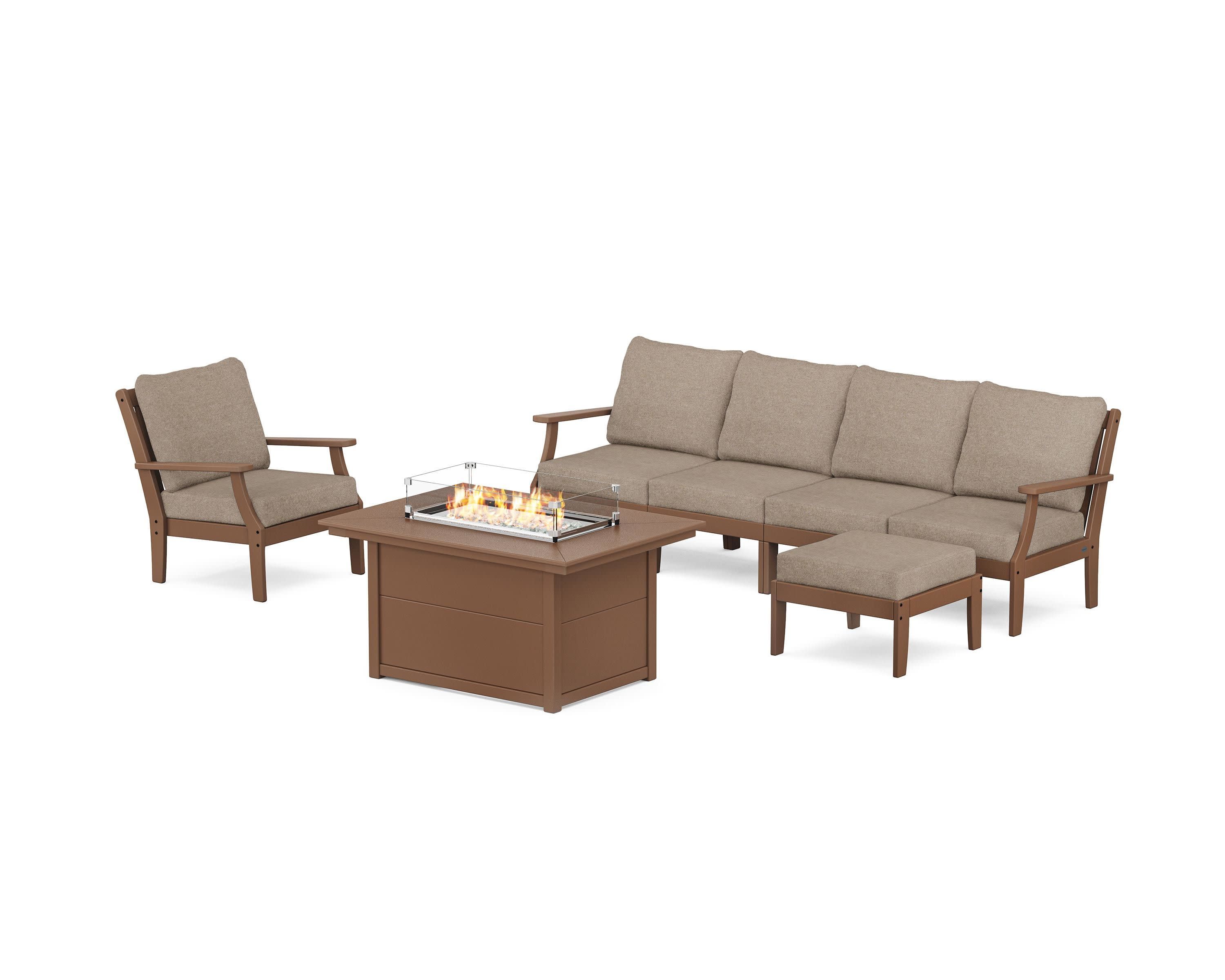 Braxton Sectional Lounge and Fire Pit Set in Teak / Spiced Burlap
