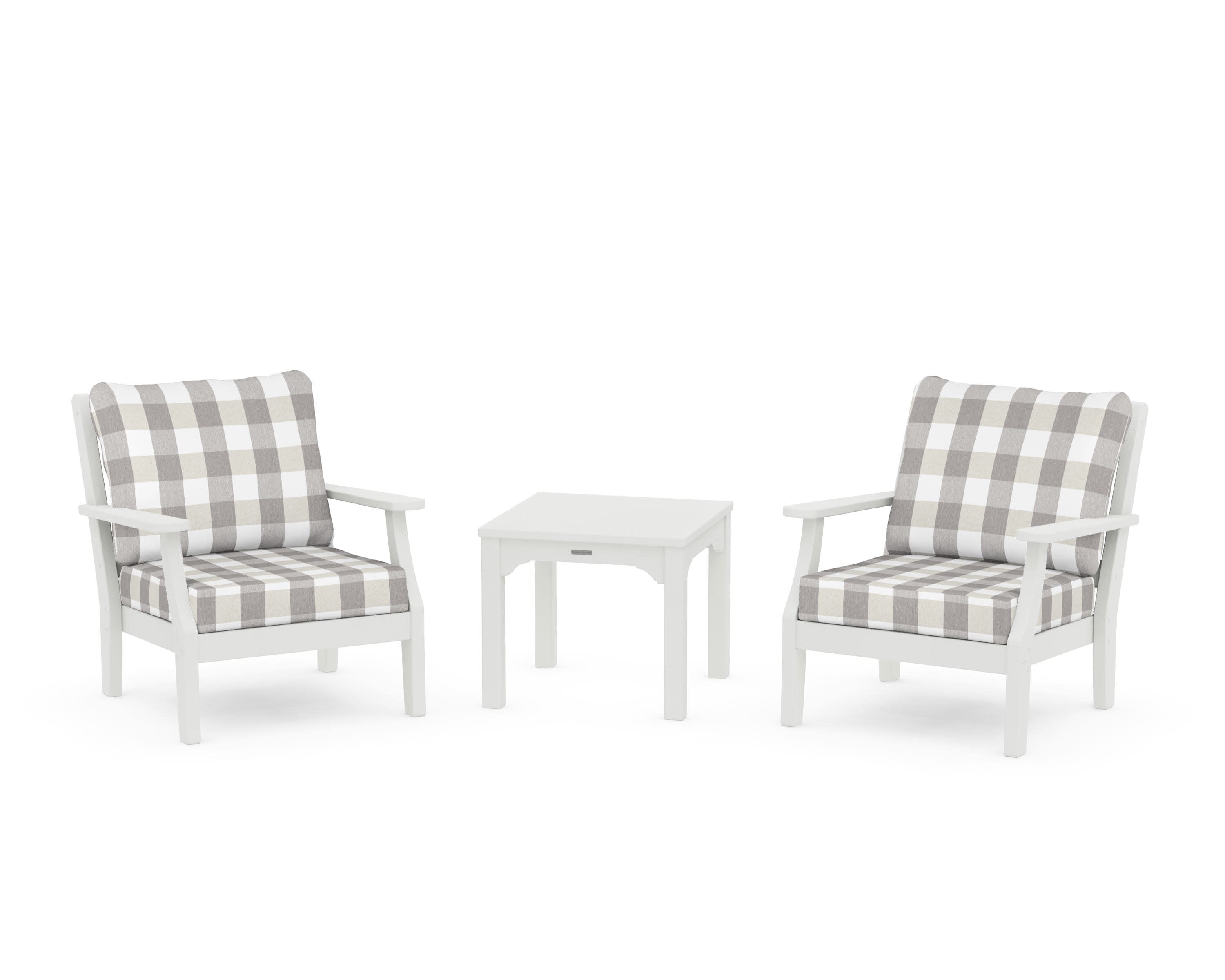 Chinoiserie 3-Piece Deep Seating Set in Vintage White / Buffalo Plaid Grey Mist