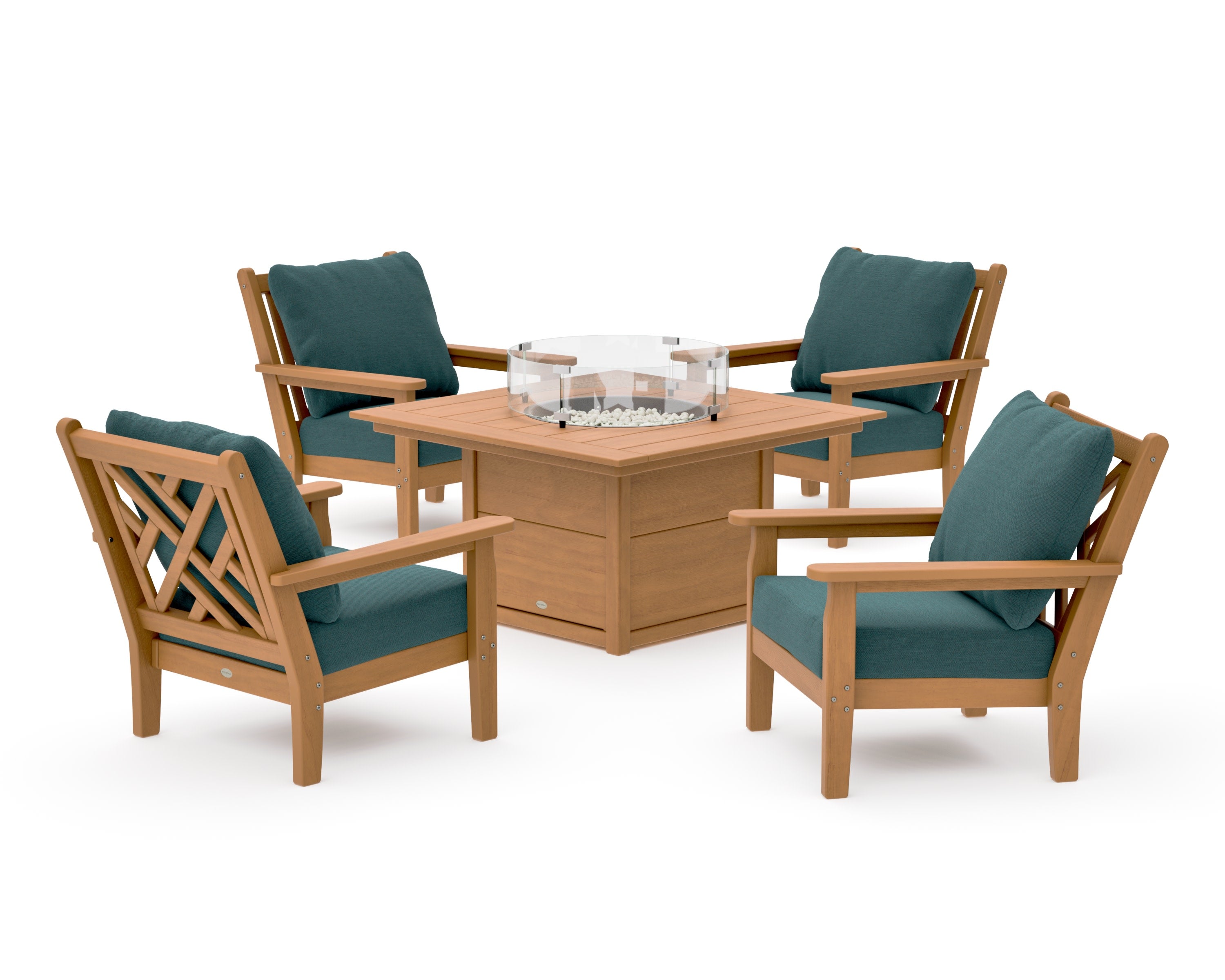 Chippendale 5-Piece Deep Seating Set with Fire Pit Table in Natural / Ocean Teal