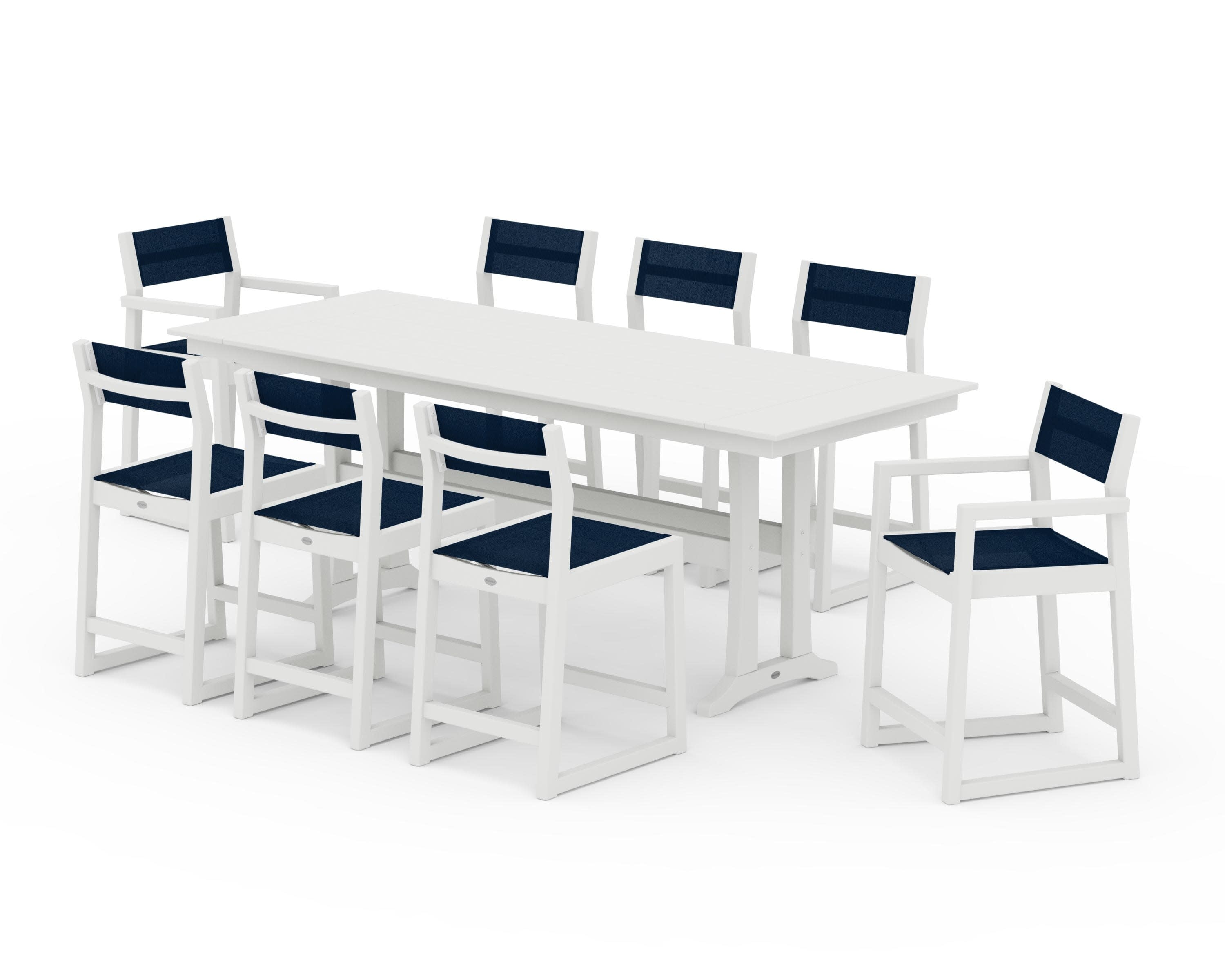 EDGE Sling 9-Piece Farmhouse Counter Set with Trestle Legs in Vintage White / Navy Blue Sling
