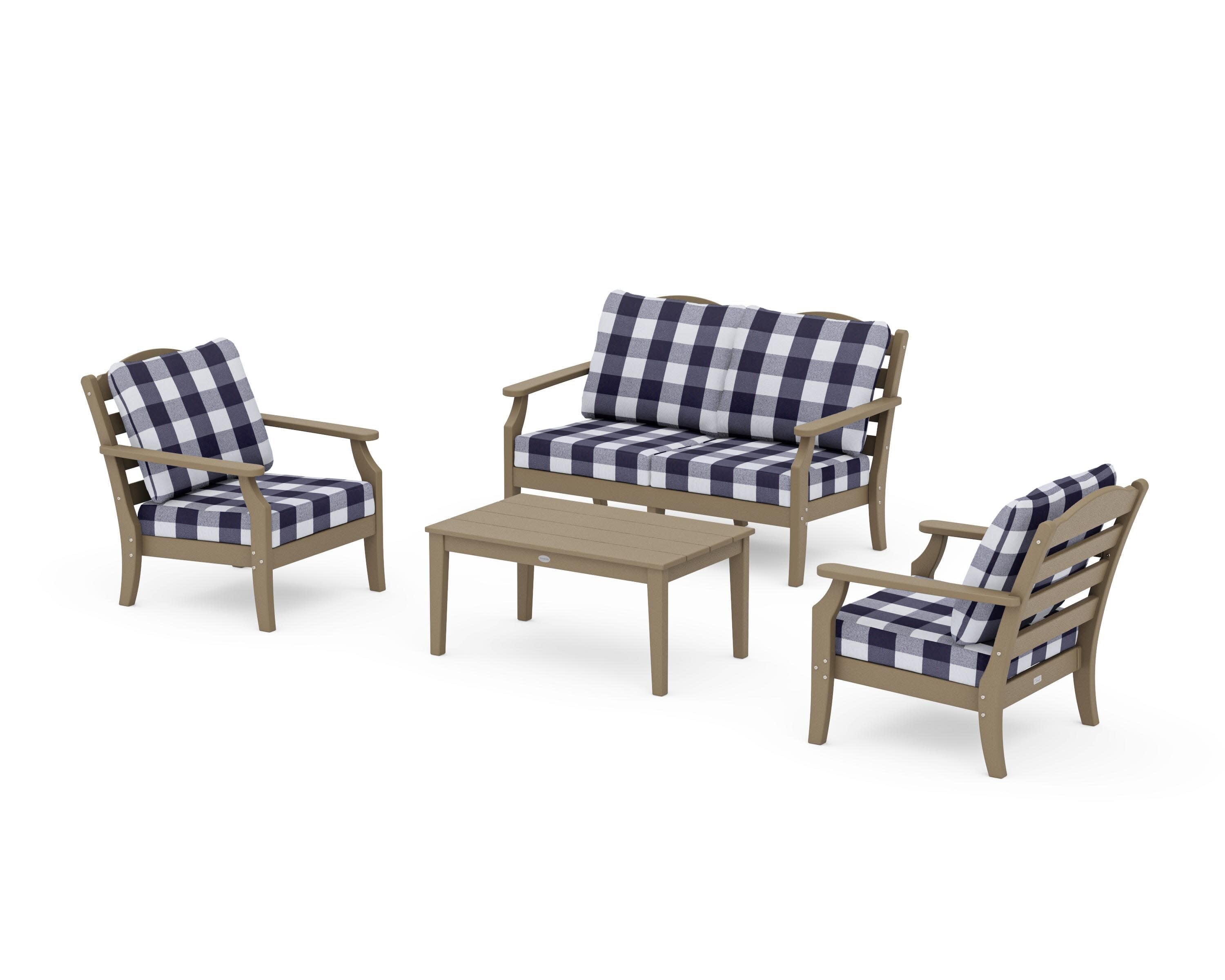 Savannah 4-Piece Deep Seating Set with Loveseat in Vintage Sahara / Buffalo Plaid Navy