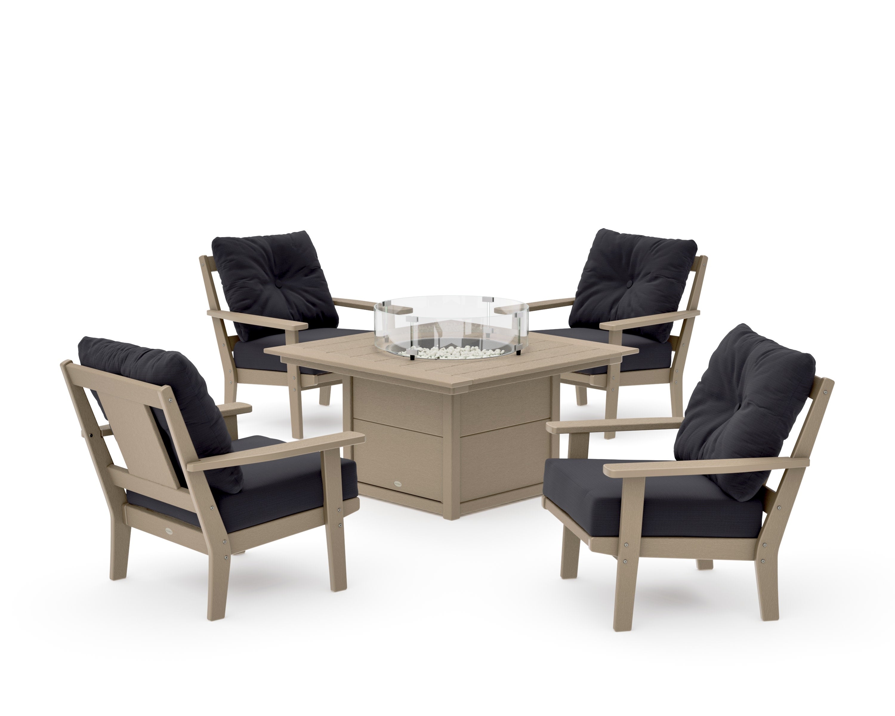 Prairie 5-Piece Deep Seating Set with Fire Pit Table in Vintage Sahara / Midnight Linen