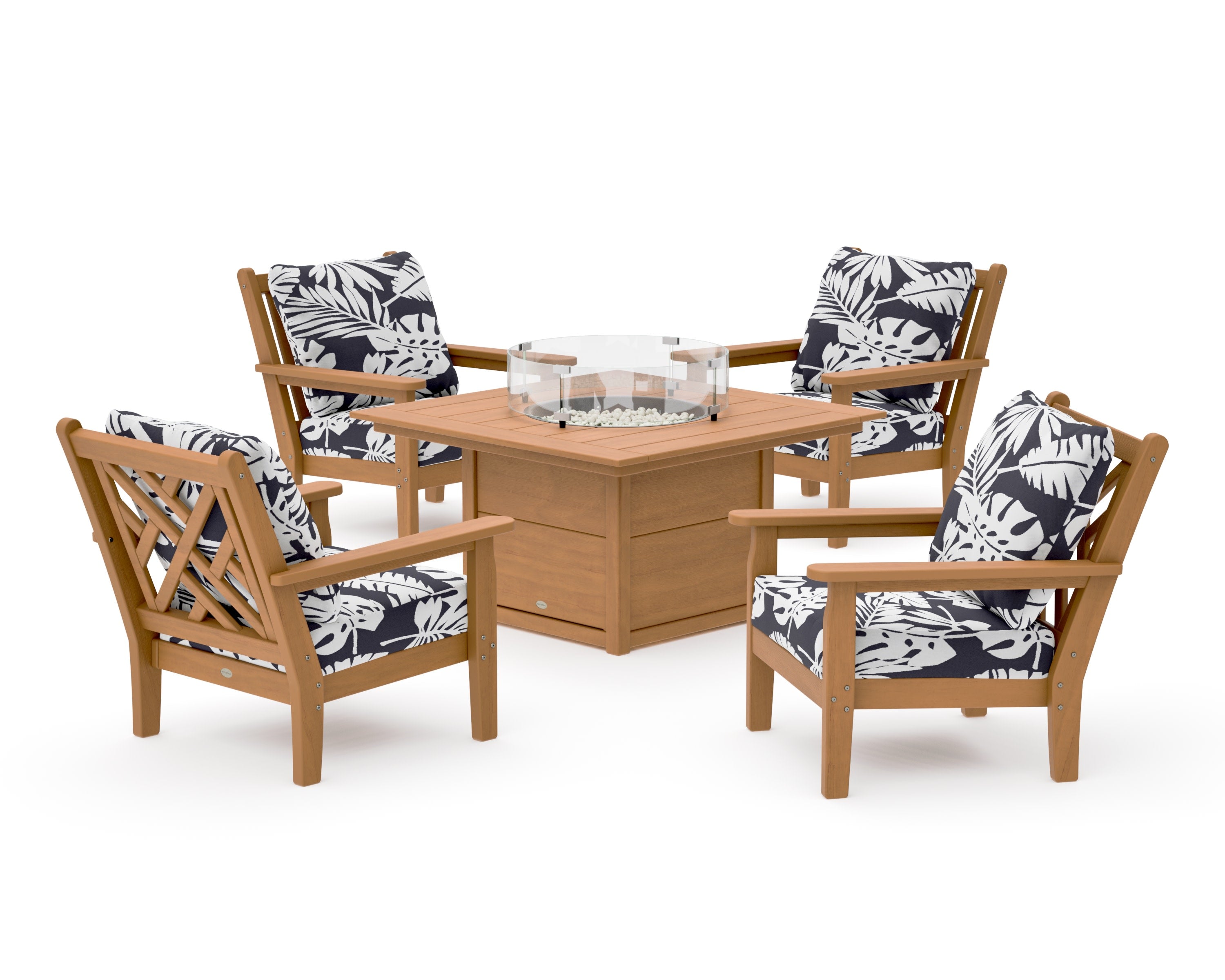 Chippendale 5-Piece Deep Seating Set with Fire Pit Table in Natural / Leaf Navy