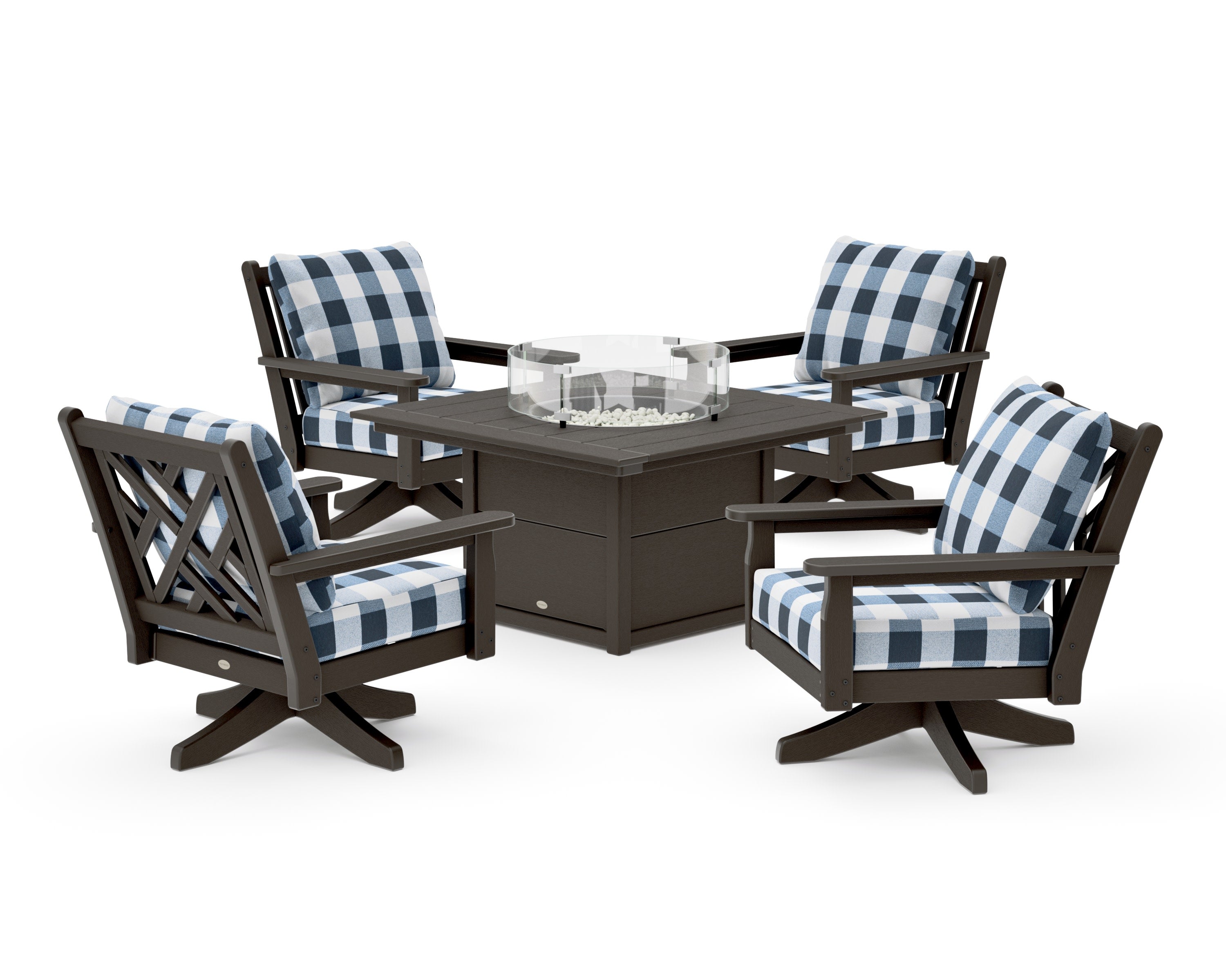 Chippendale 5-Piece Deep Seating Swivel Conversation Set with Fire Pit Table in Vintage Coffee / Buffalo Plaid Marine Indigo
