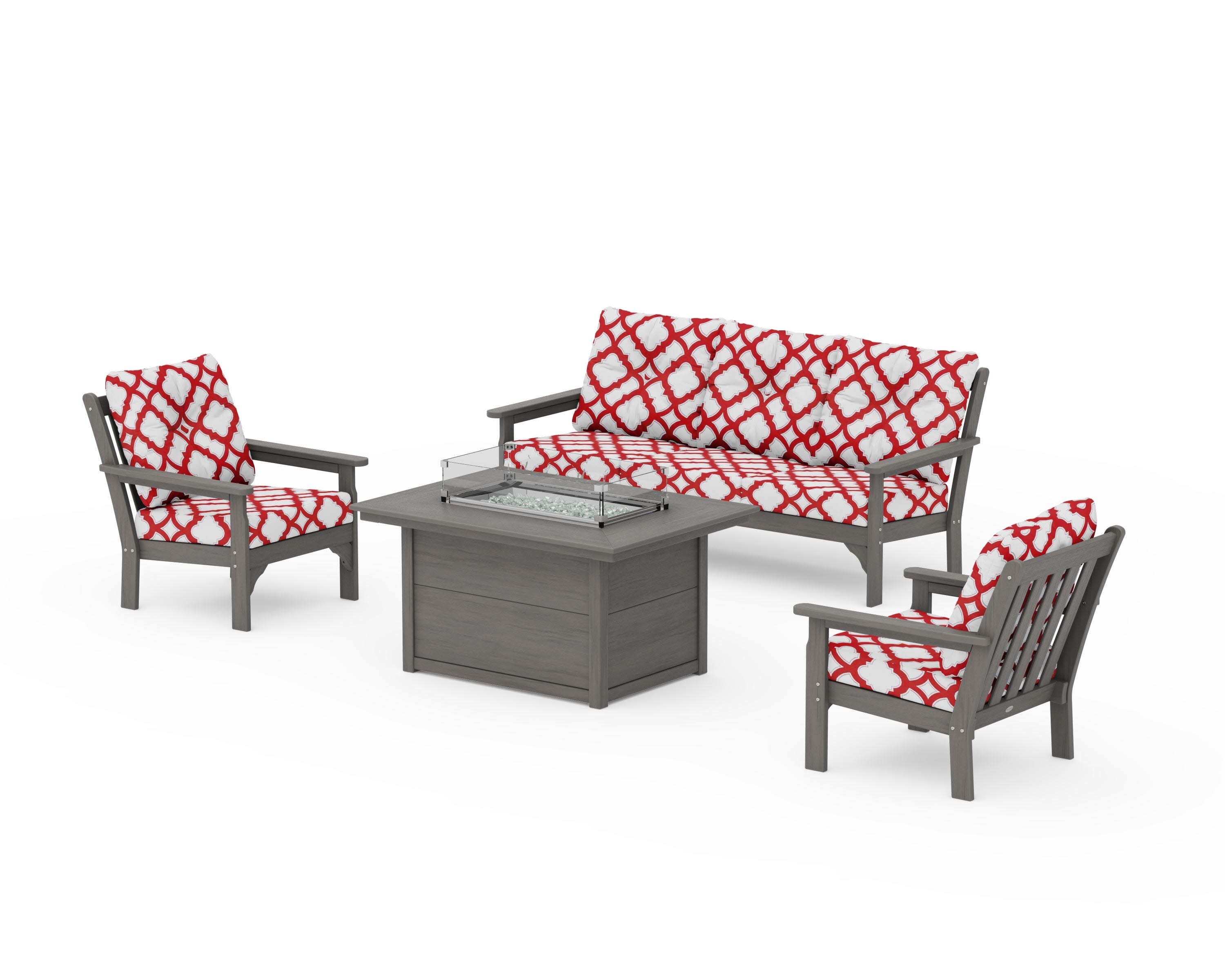 Vineyard Deep Seating Fire Pit Table Set in Driftwood / Trellis Crimson