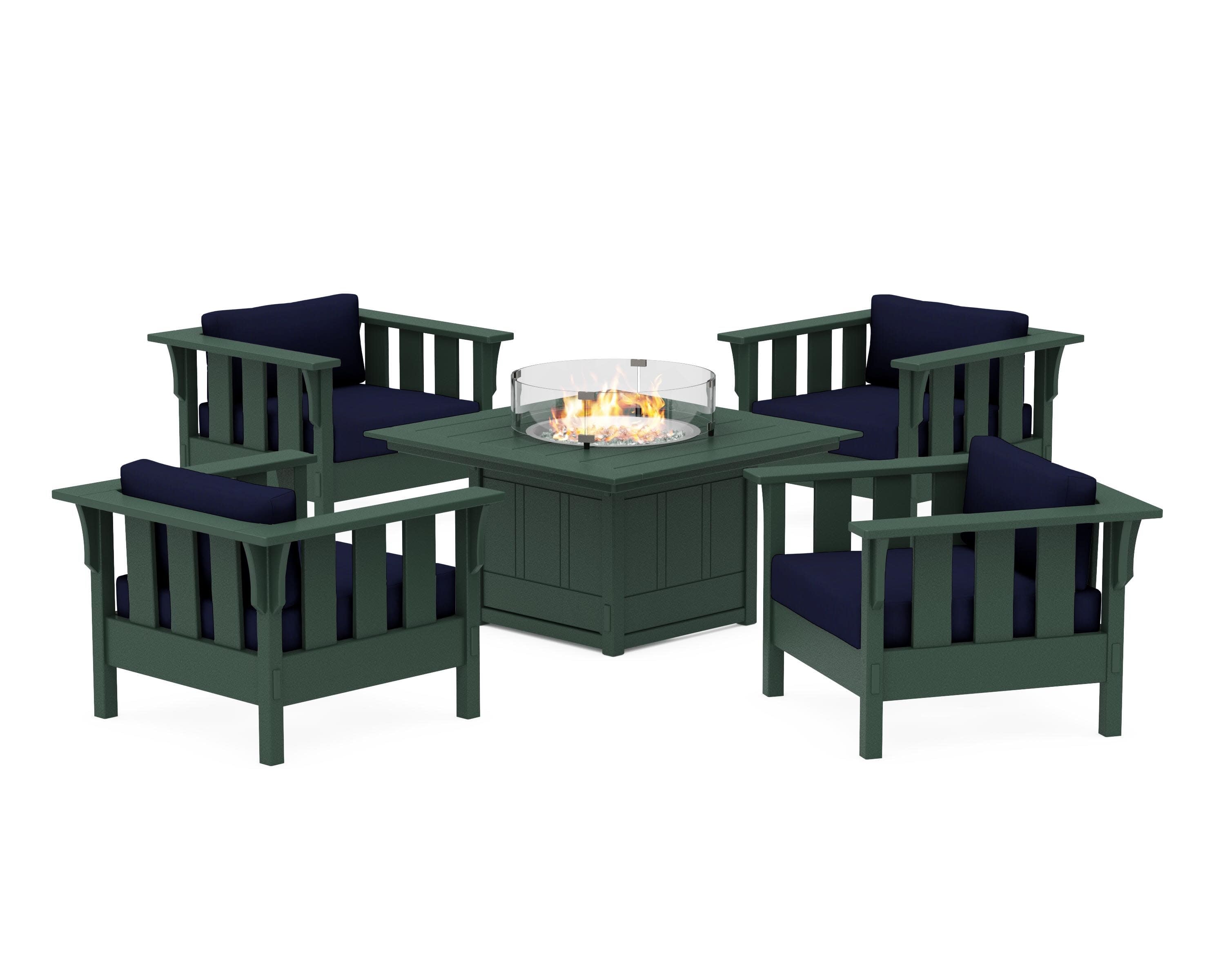 Acadia 5-Piece Deep Seating Set with Fire Pit Table in Green / Navy