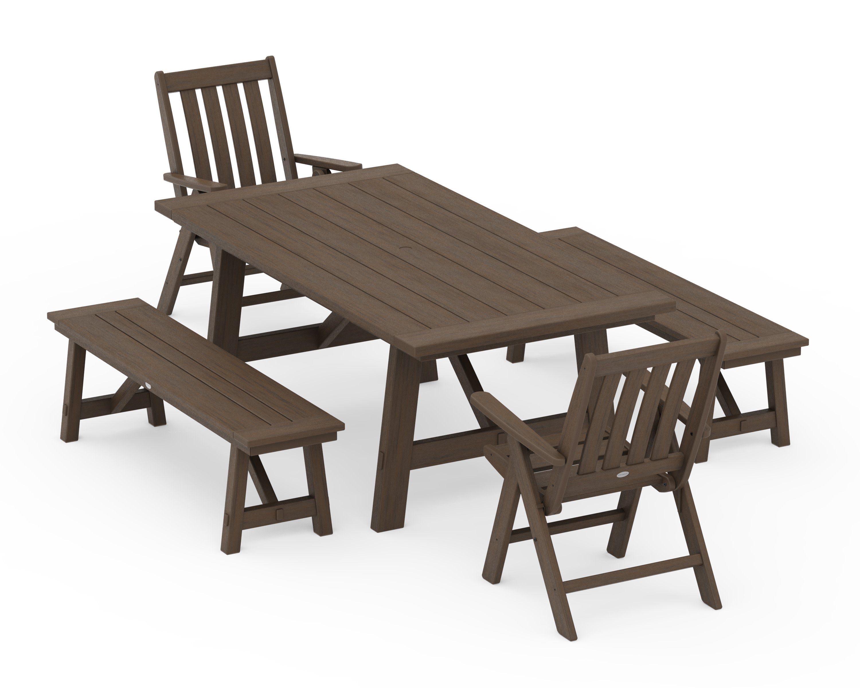 Vineyard Folding Chair 5-Piece Rustic Farmhouse Dining Set With Benches in Kona