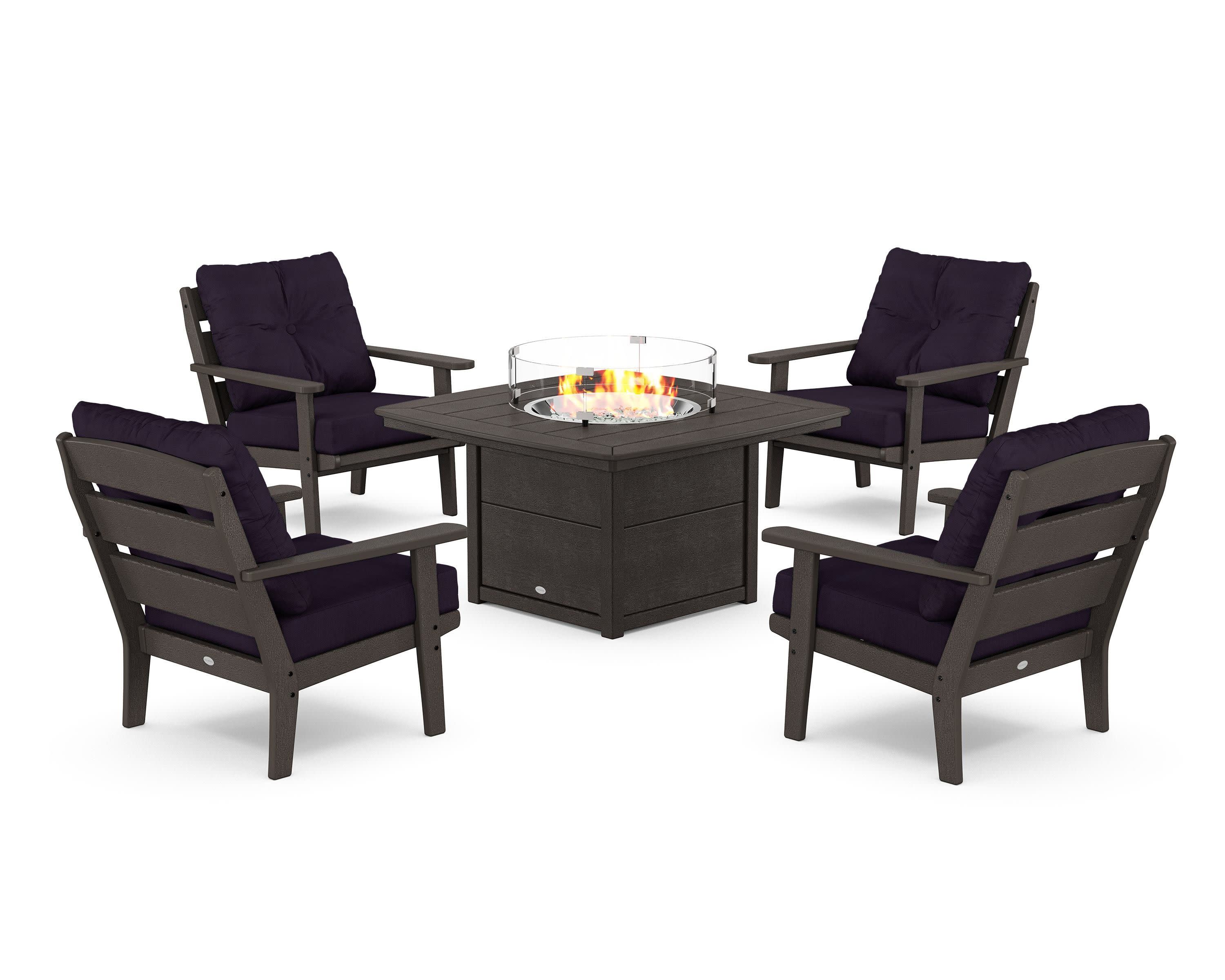 Lakeside 5-Piece Deep Seating Set with Nautical Fire Pit Table in Vintage Coffee / Navy Linen