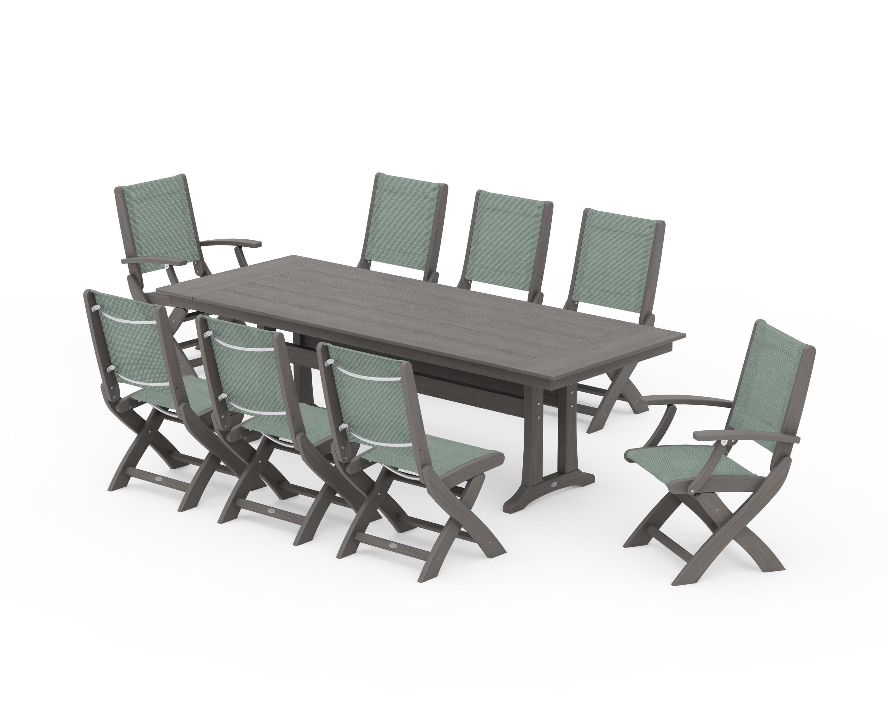 Coastal 9-Piece Folding Dining Chair Farmhouse Dining Set with Trestle Legs in Driftwood / Dupioni Sea Mist Sling