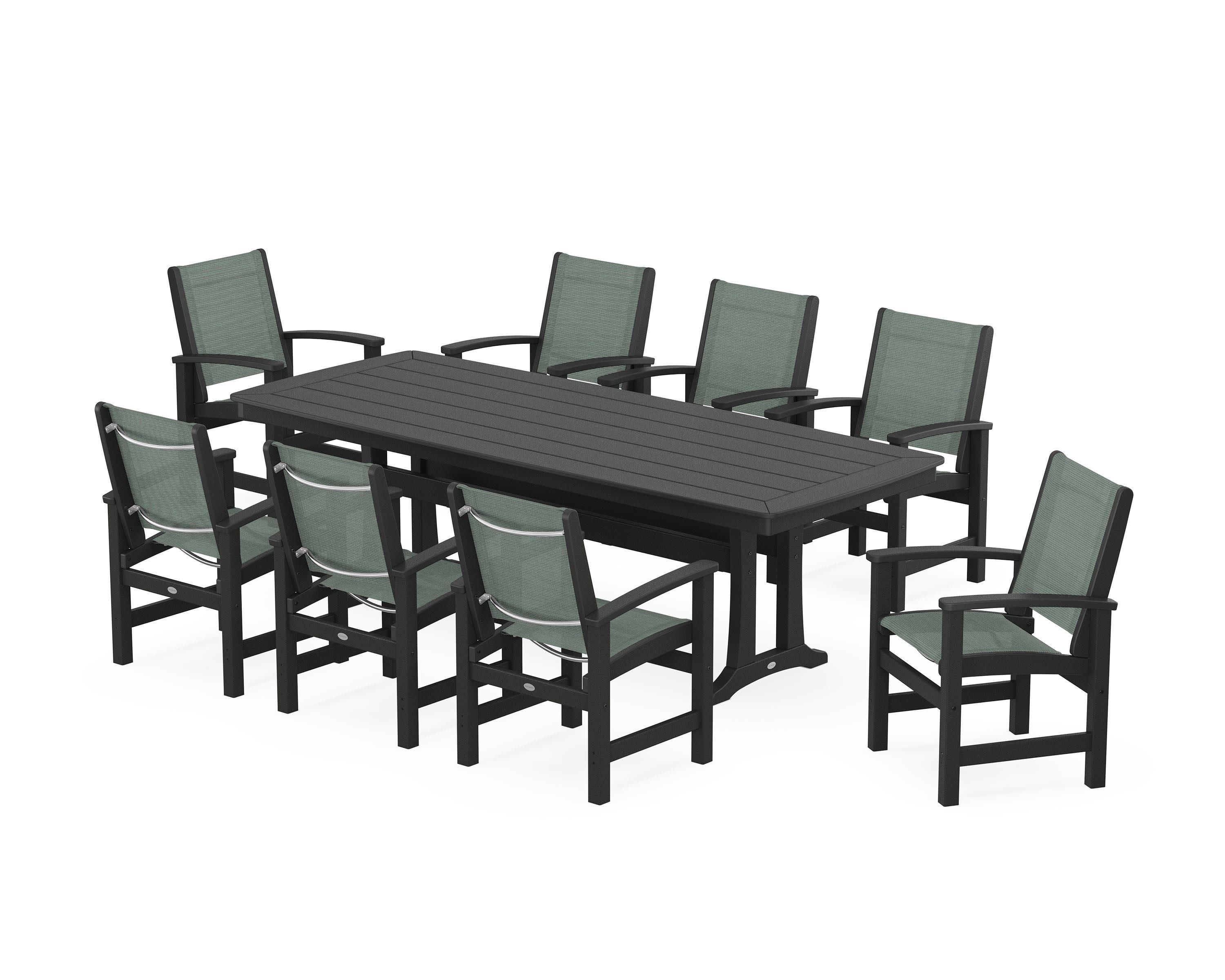 Coastal 9-Piece Dining Set with Trestle Legs in Black / Dupioni Sea Mist Sling
