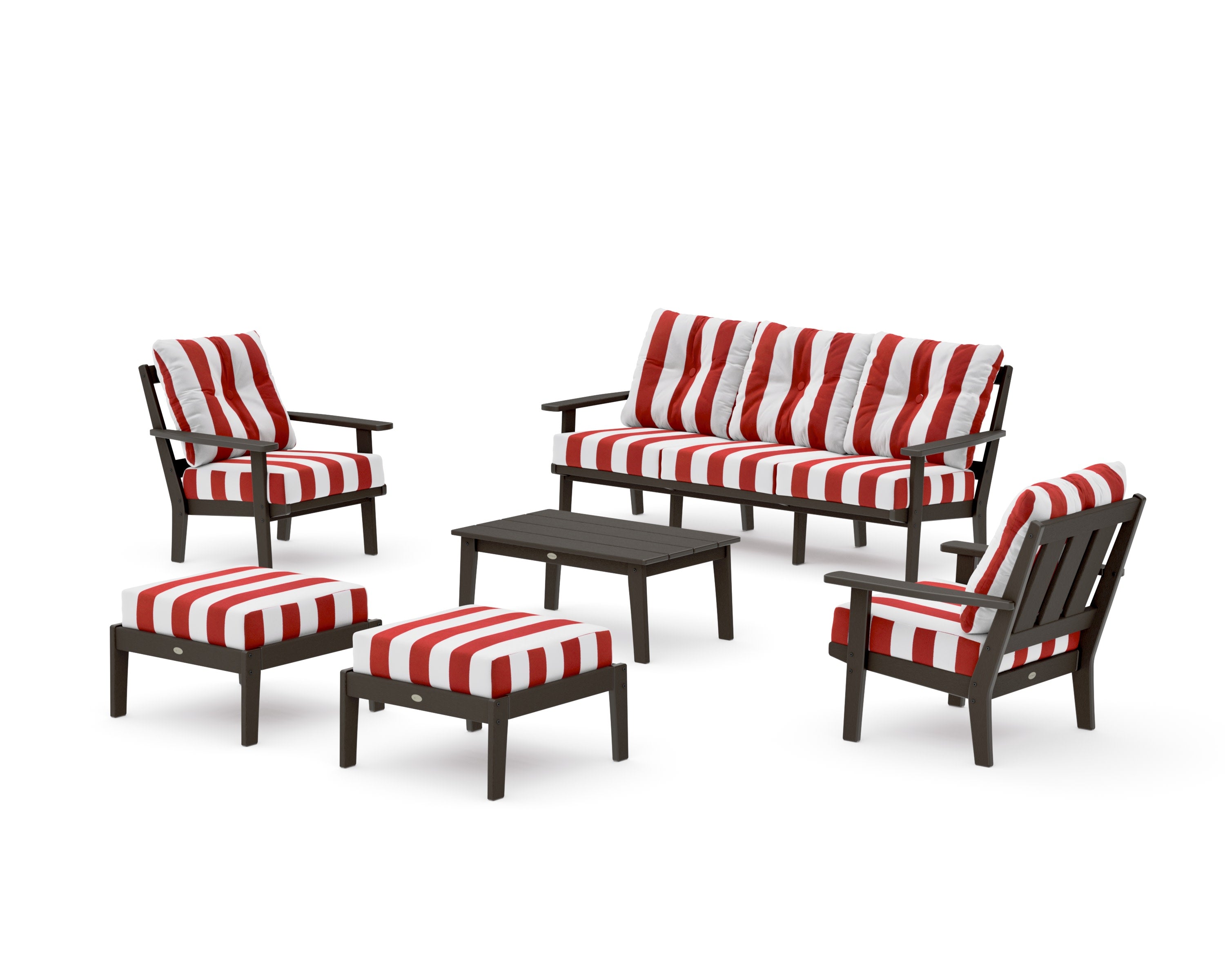 Oxford 6-Piece Lounge Sofa Set in Vintage Coffee / Cabana Stripe Crimson