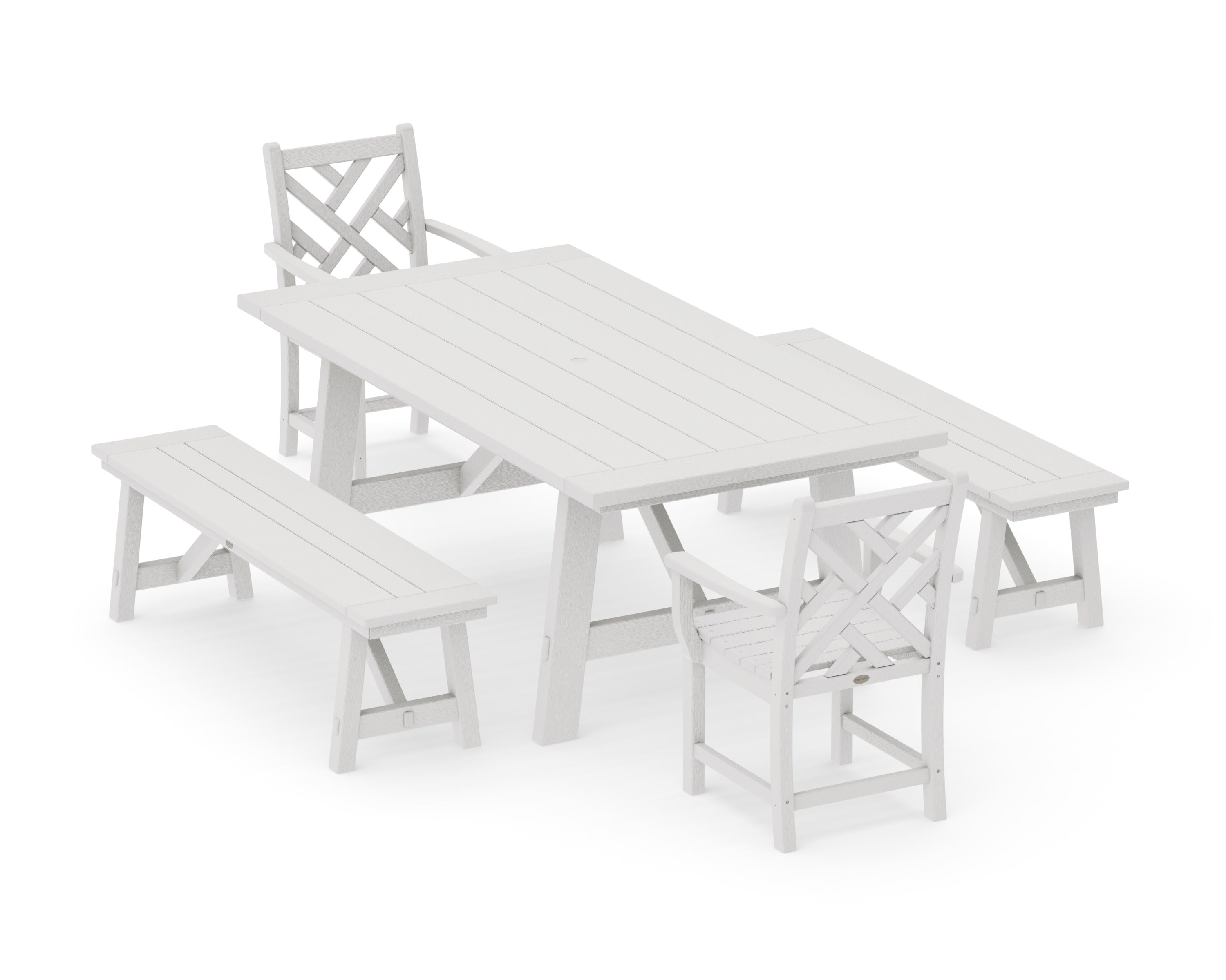 Chippendale 5-Piece Rustic Farmhouse Dining Set With Benches in Vintage White
