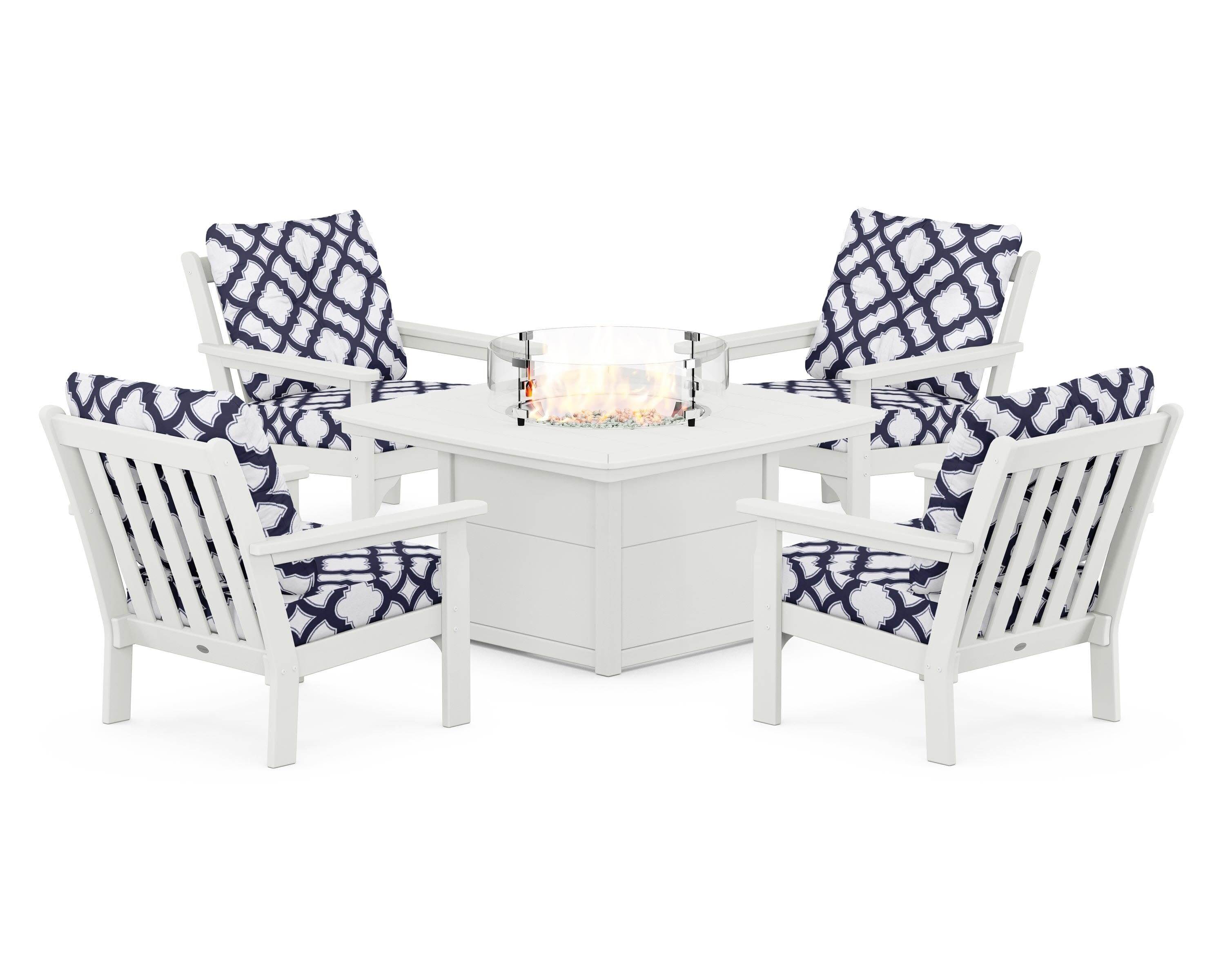 Vineyard 5-Piece Conversation Set with Fire Pit Table in Vintage White / Trellis Navy