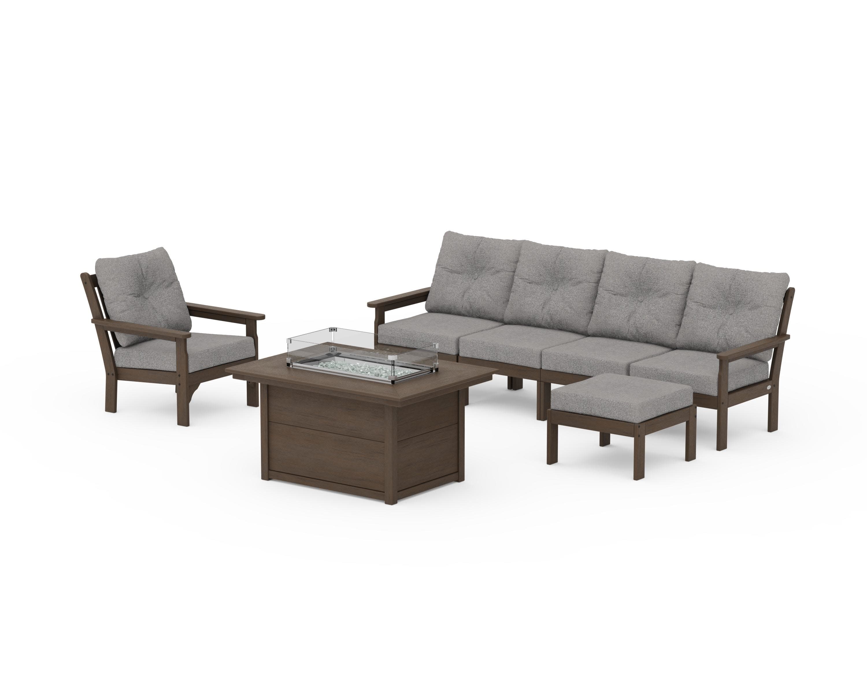 Vineyard Sectional Lounge and Fire Pit Set in Kona / Grey Mist