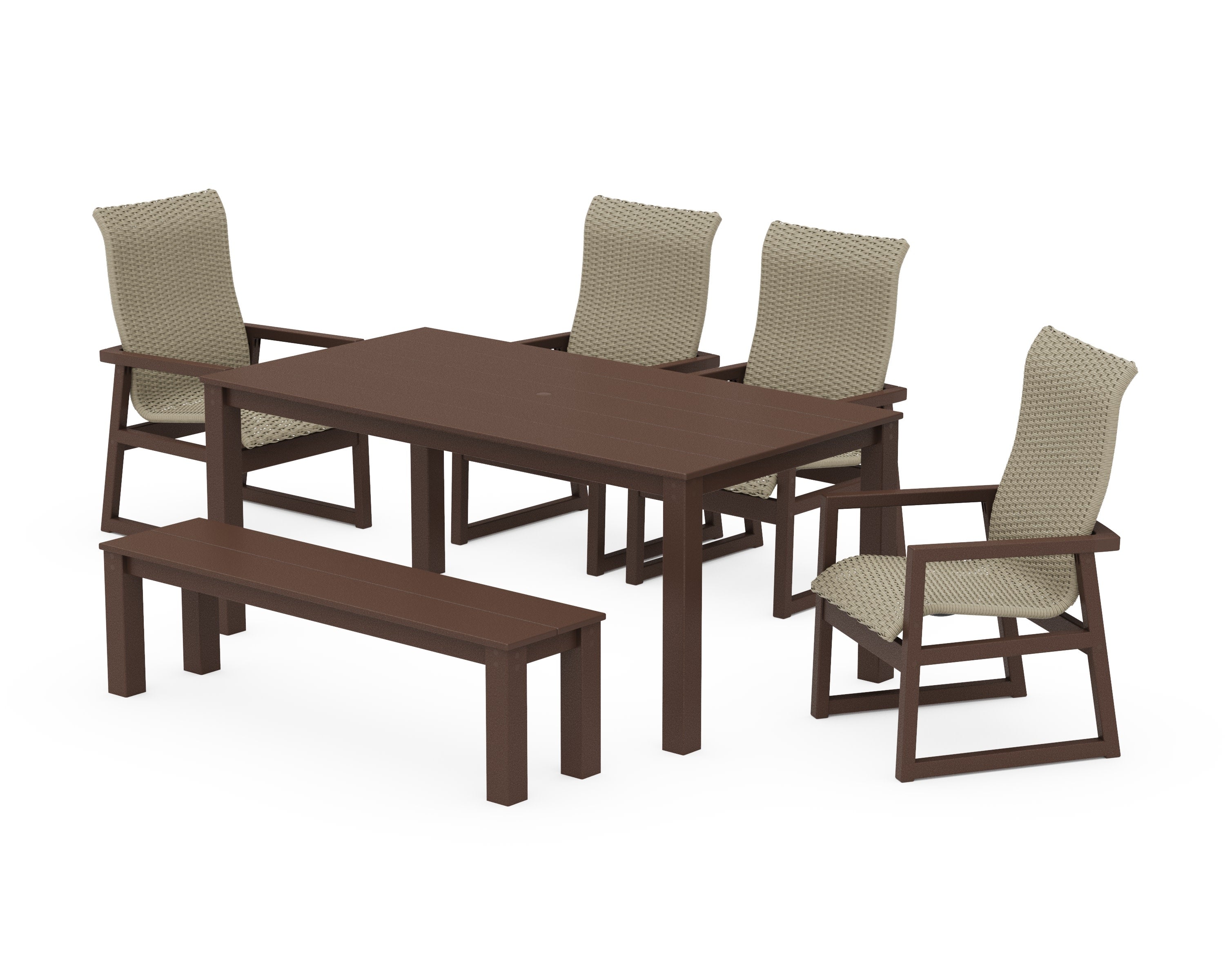 EDGE Woven Highback 6-Piece Parsons Dining Set with Bench in Mahogany / Dune Grass