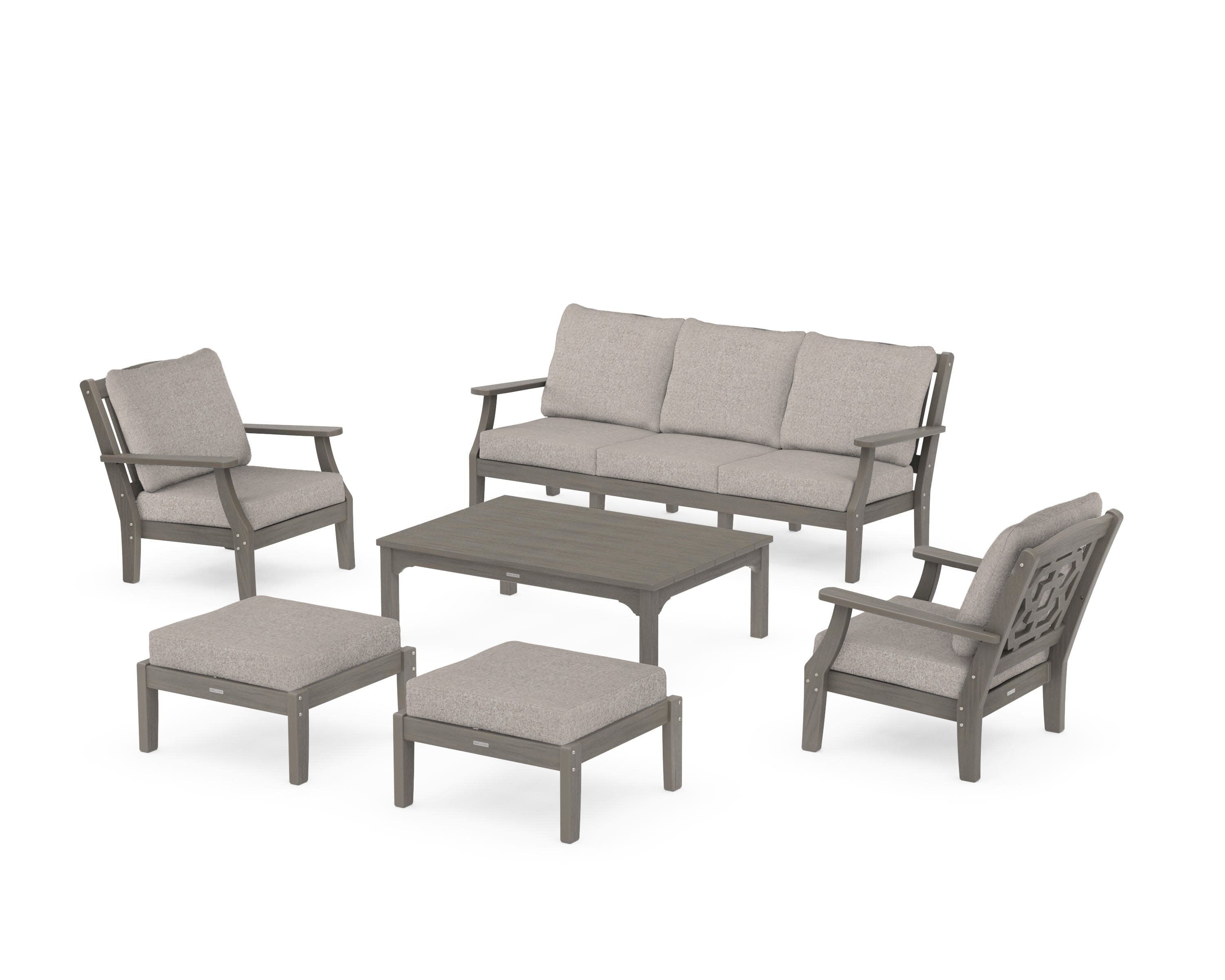 Chinoiserie 6-Piece Lounge Sofa Set in Driftwood / Weathered Tweed