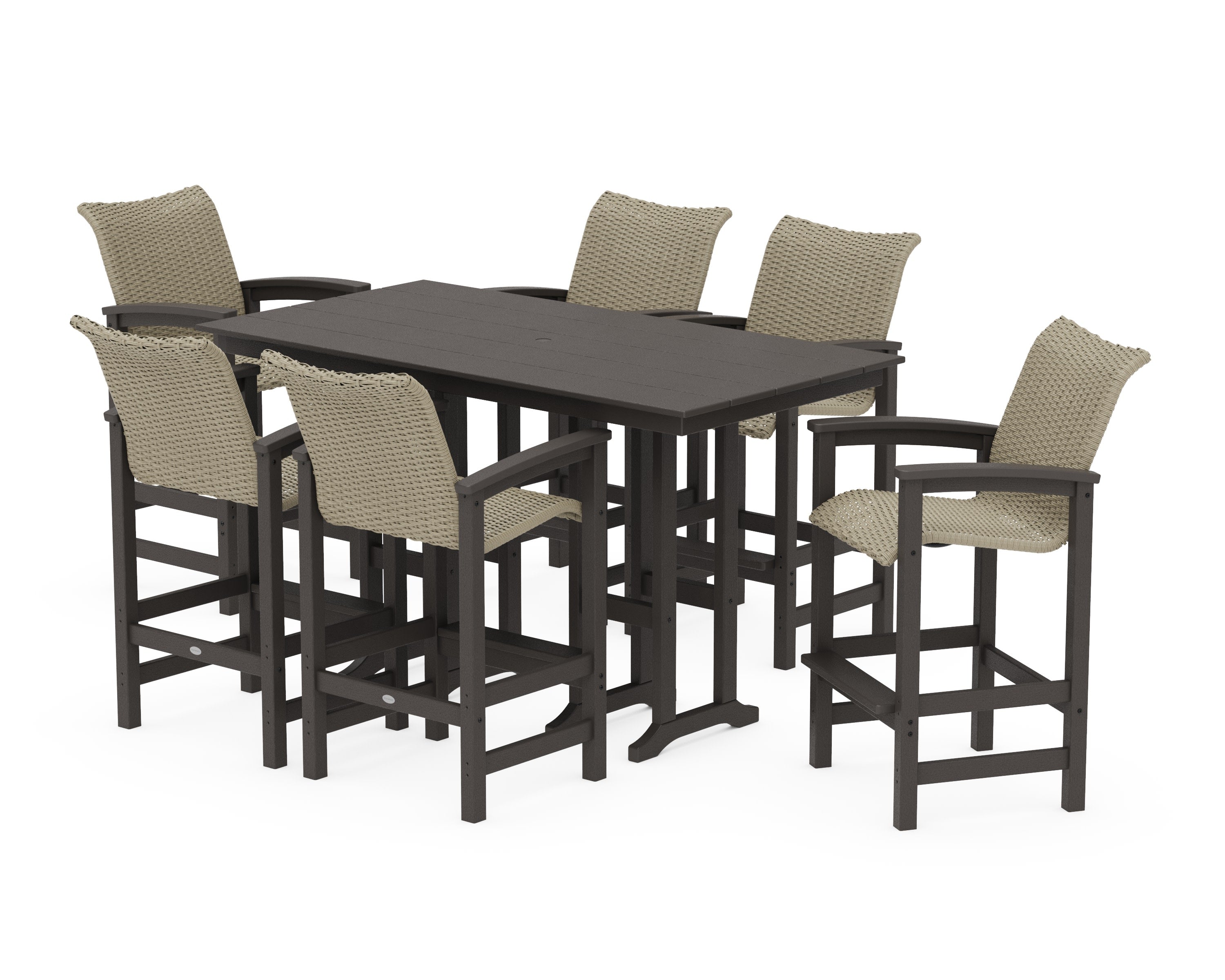 Coastal Woven Arm Chair 7-Piece Farmhouse Bar Set in Vintage Coffee / Dune Grass