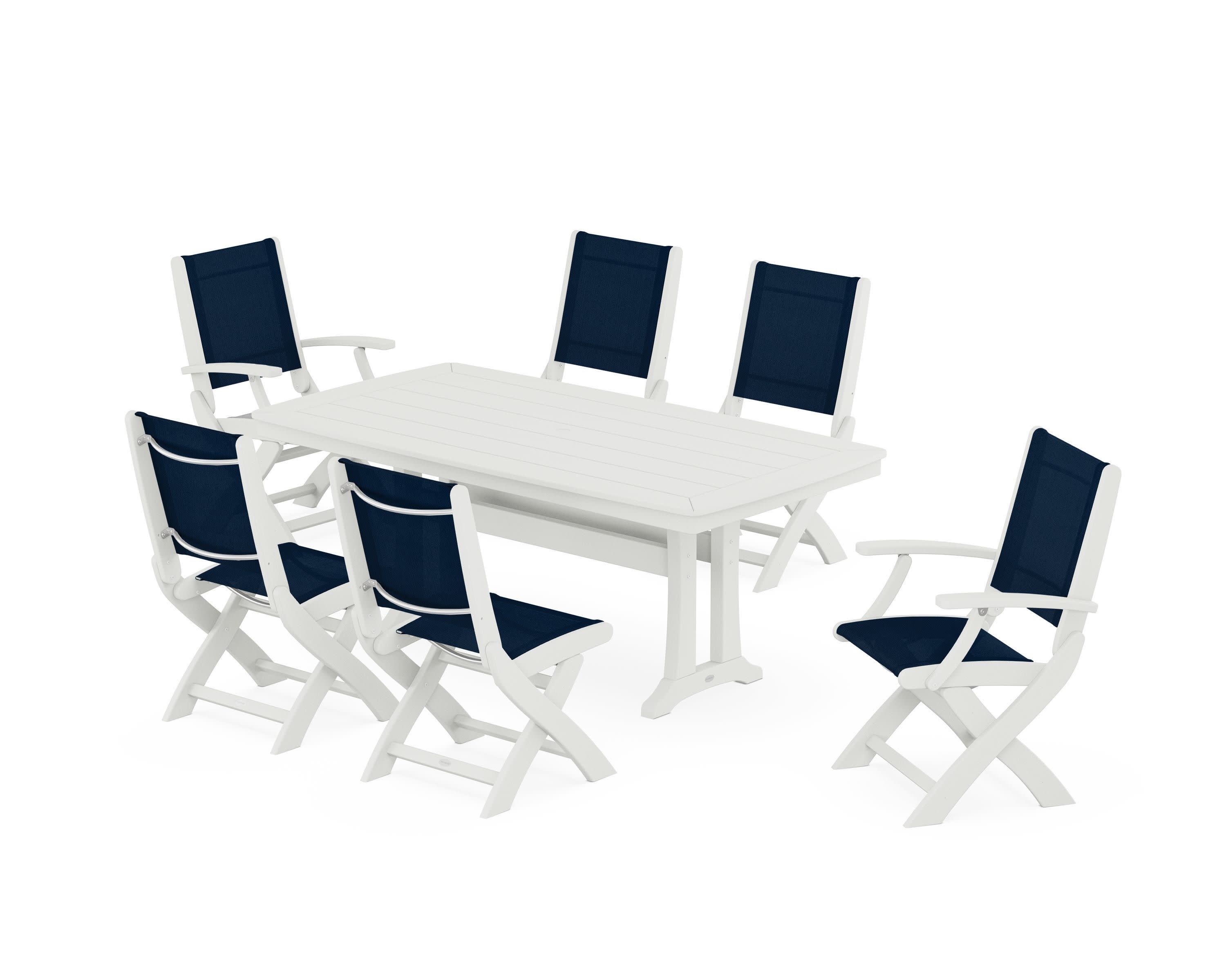 Coastal Folding Chair 7-Piece Dining Set with Trestle Legs in Vintage White / Navy Blue Sling