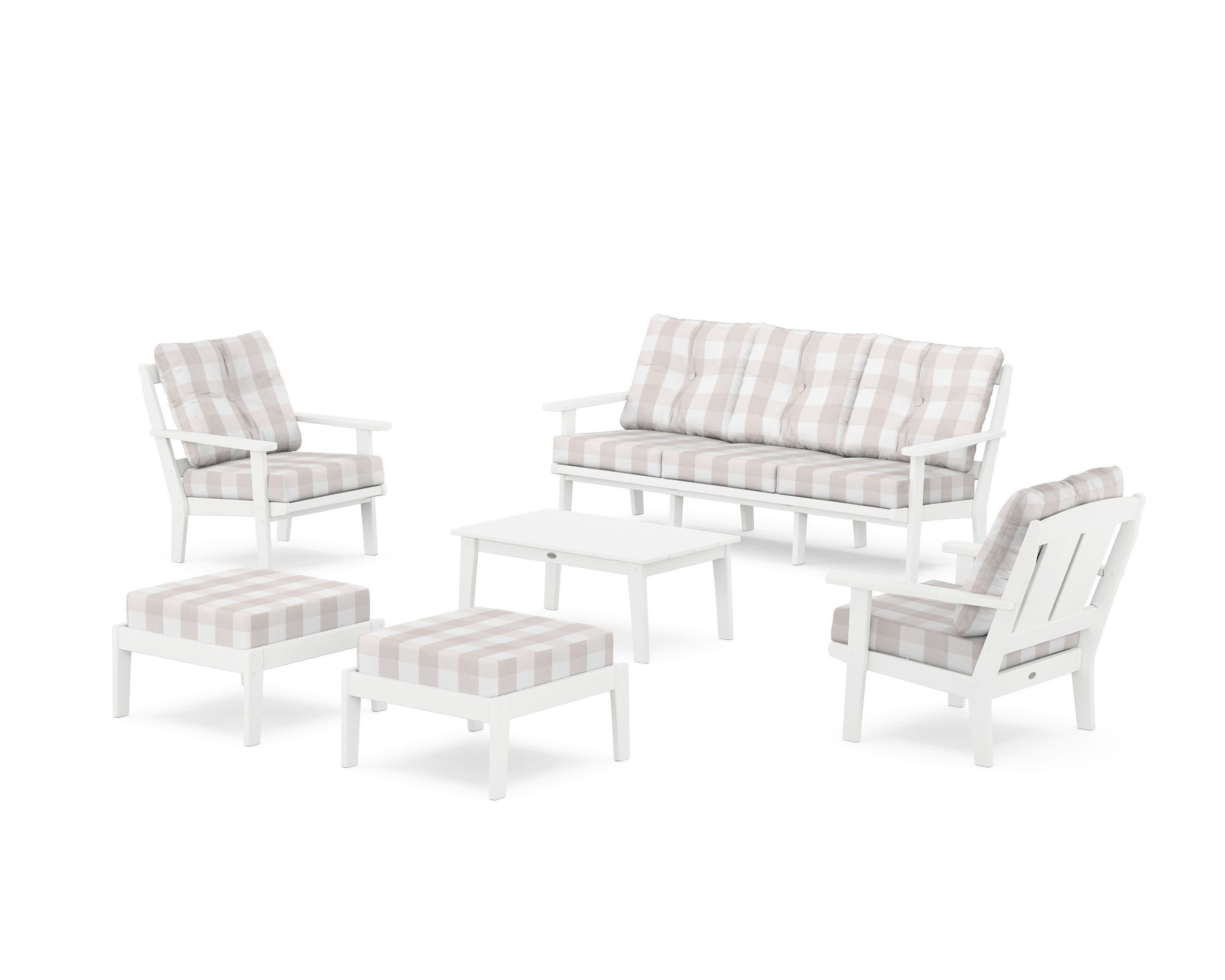 Mission 6-Piece Lounge Sofa Set in White / Buffalo Plaid Dune Burlap