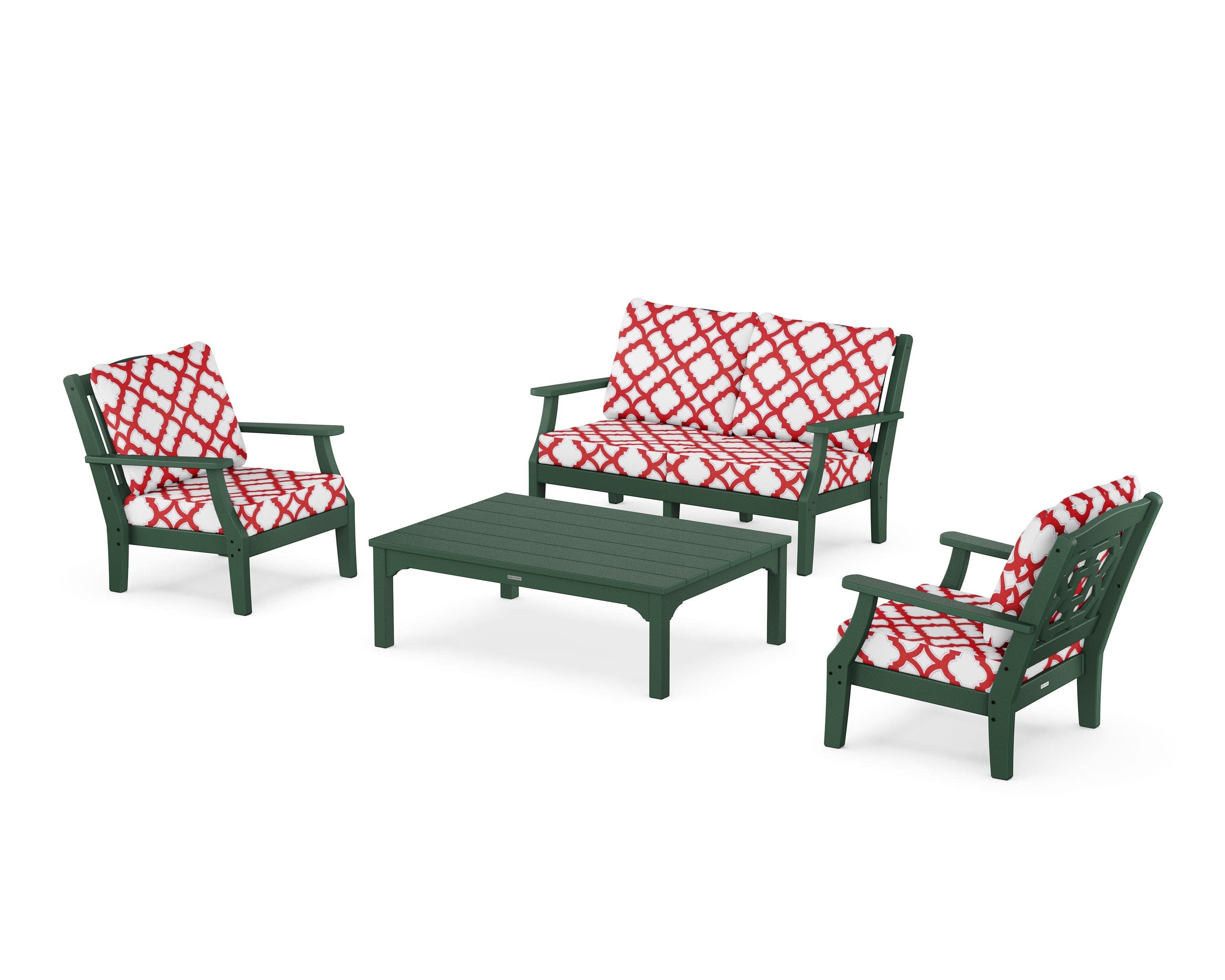 Chinoiserie 4-Piece Deep Seating Set with Loveseat in Green / Trellis Crimson