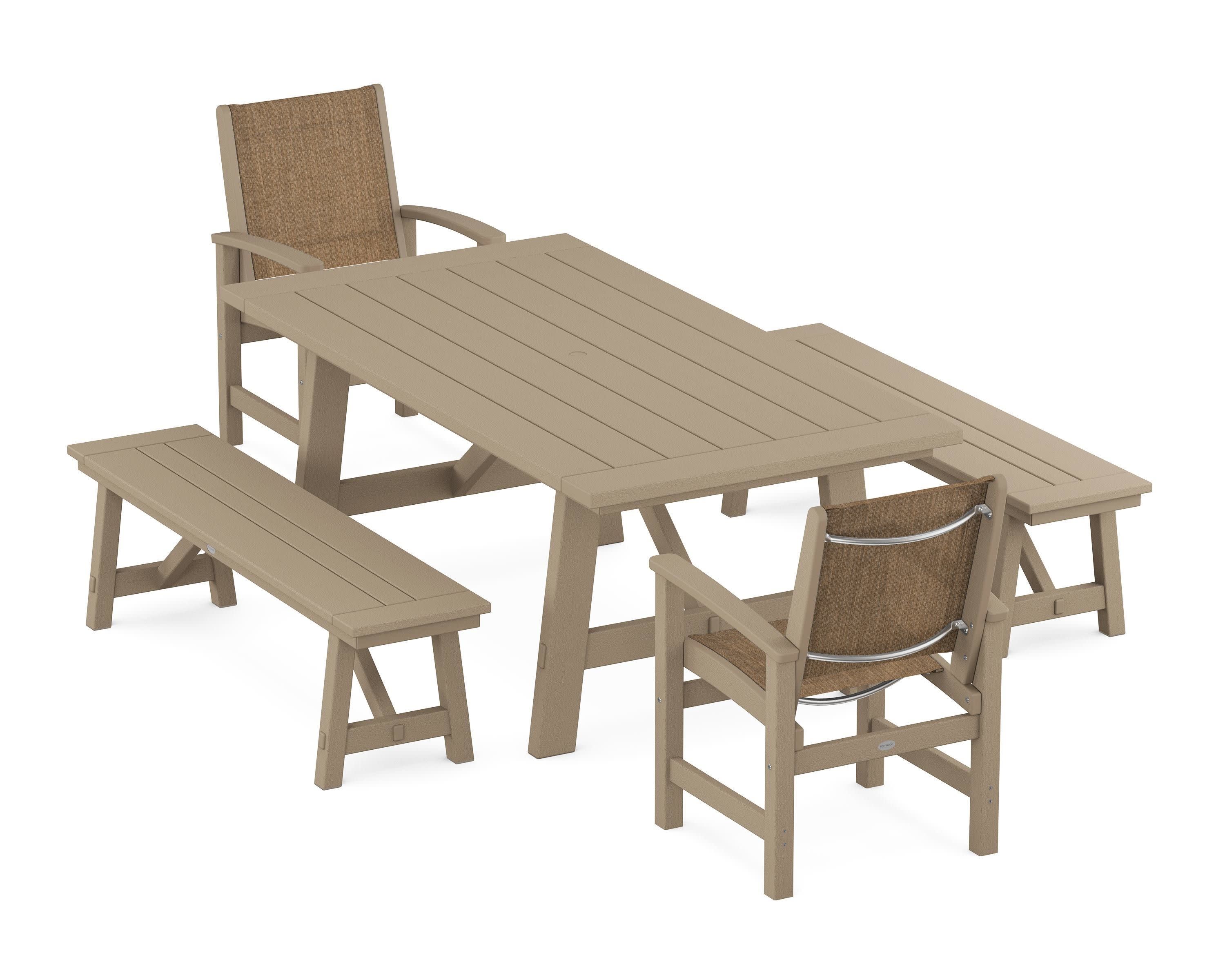 Coastal 5-Piece Rustic Farmhouse Dining Set With Benches in Vintage Sahara / Burlap Sling
