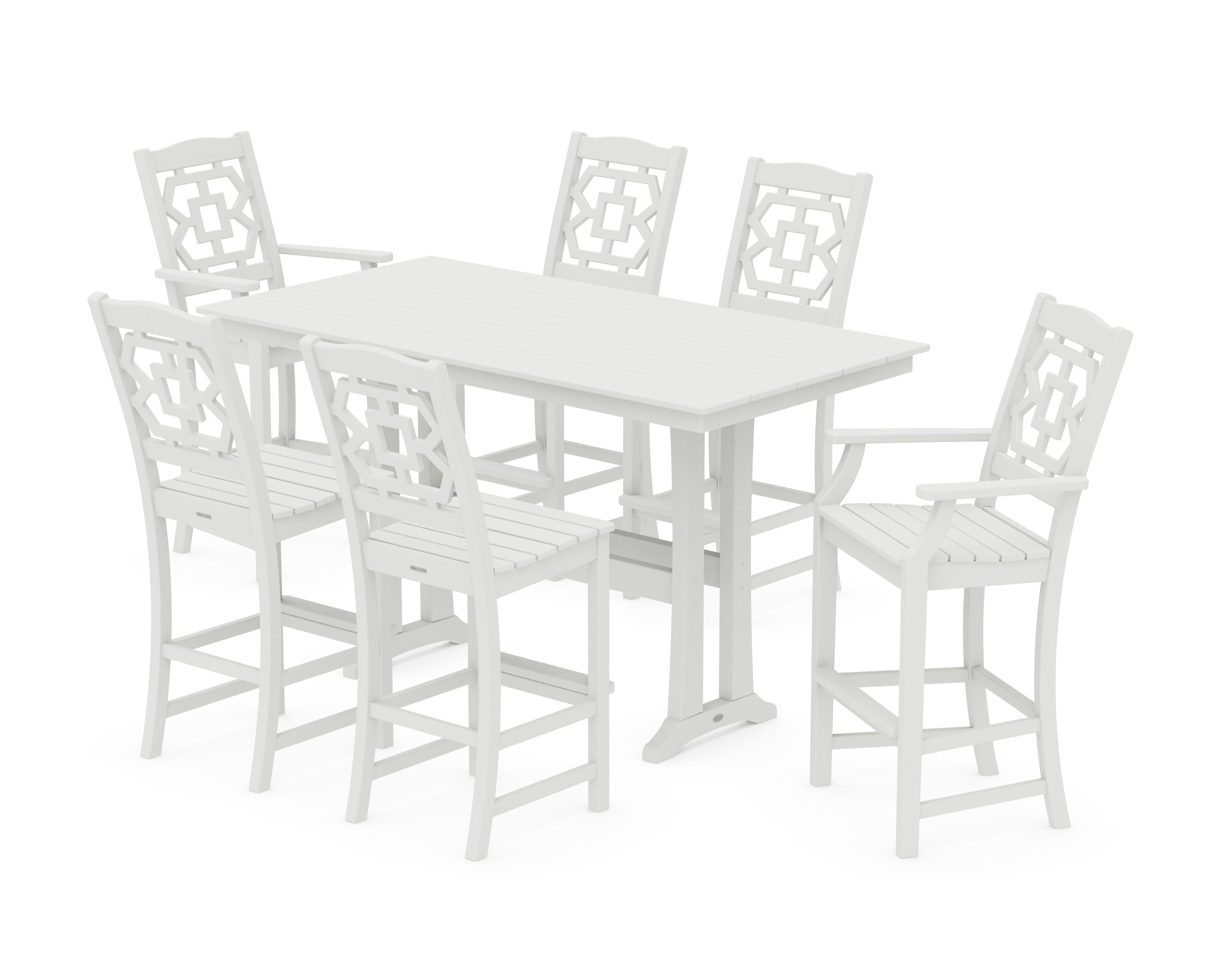Chinoiserie 7-Piece Farmhouse Bar Set with Trestle Legs in Vintage White
