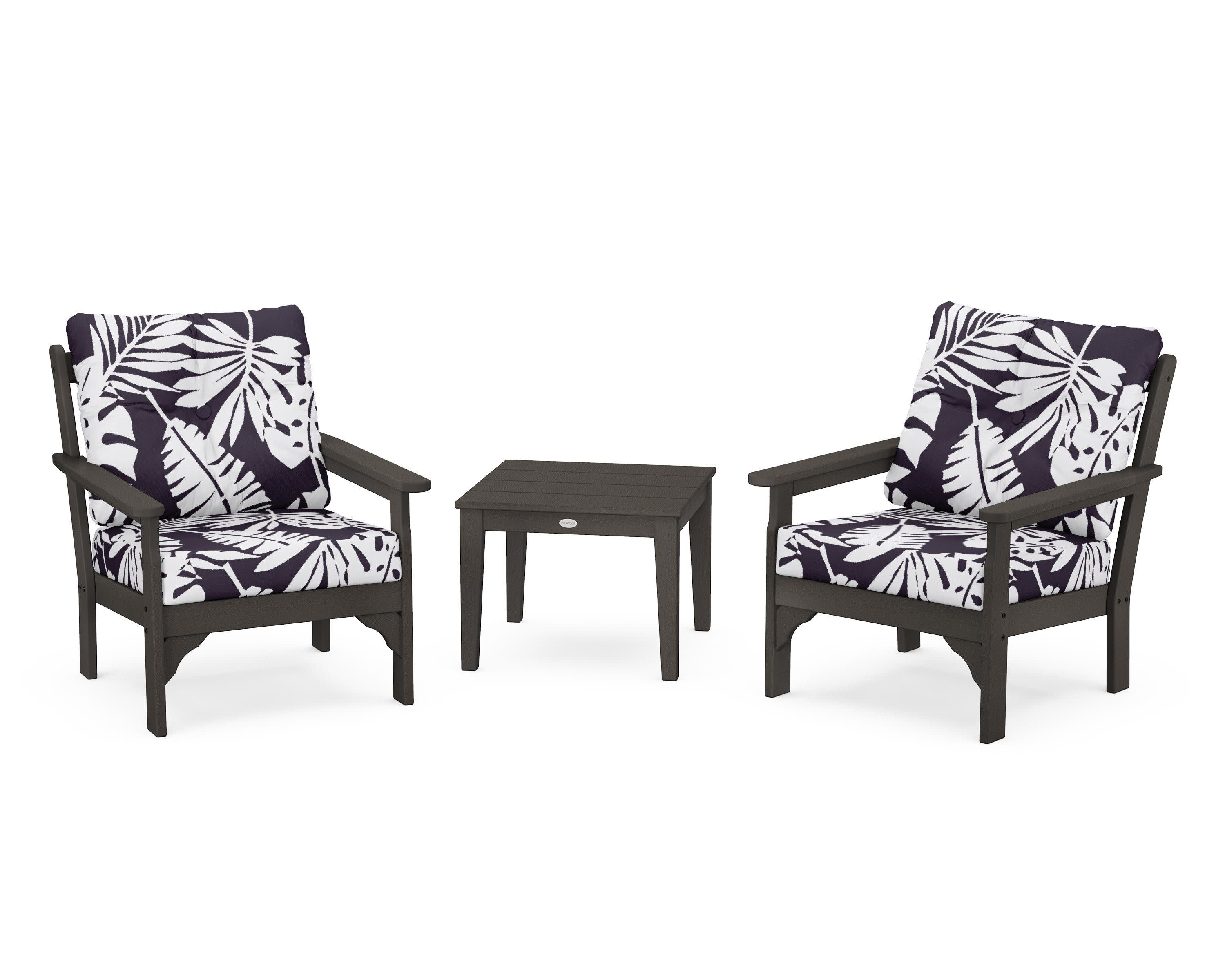 Vineyard 3-Piece Deep Seating Set in Vintage Coffee / Leaf Navy